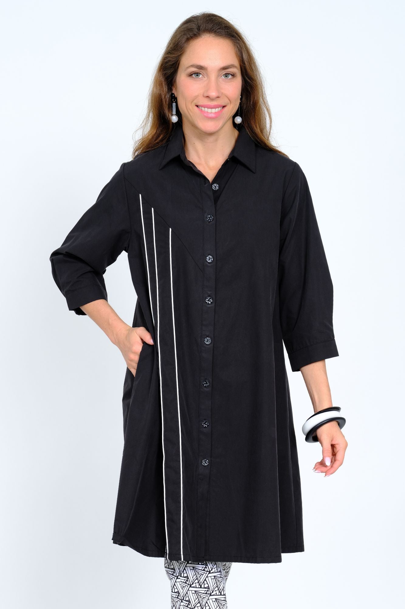 LIOR Women's Black Tencel Button-Front Shirt Dress 3/4 Roll Tab Sleeves "Cherry"