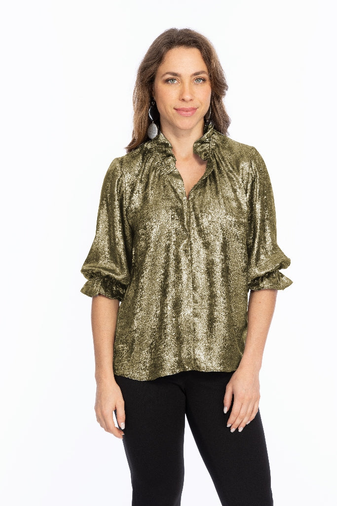 Women's Ruffe Neck Metallic Blouse-"Blossom"