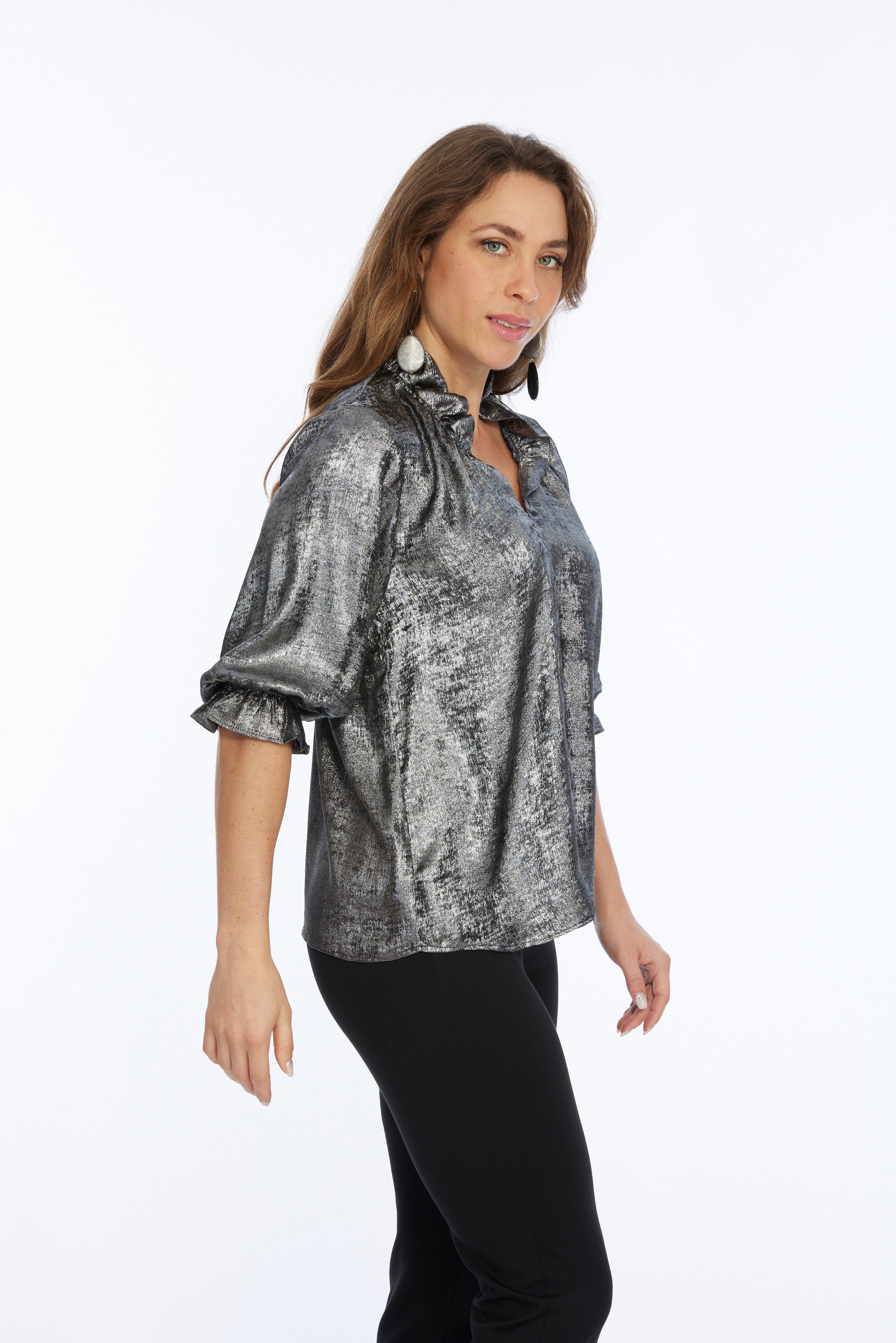 Women's Ruffe Neck Metallic Blouse-"Blossom"