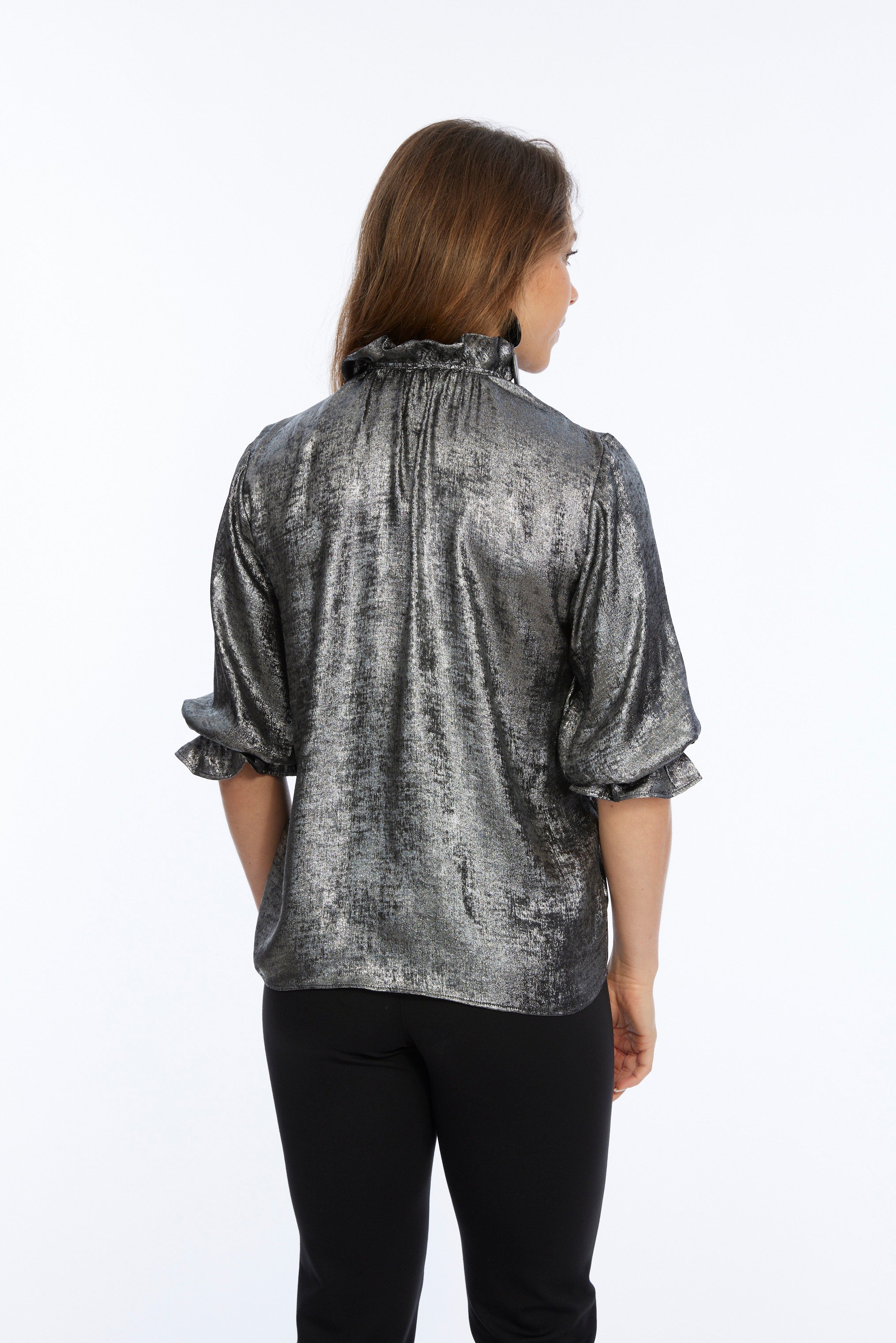 Women's Ruffe Neck Metallic Blouse-"Blossom"