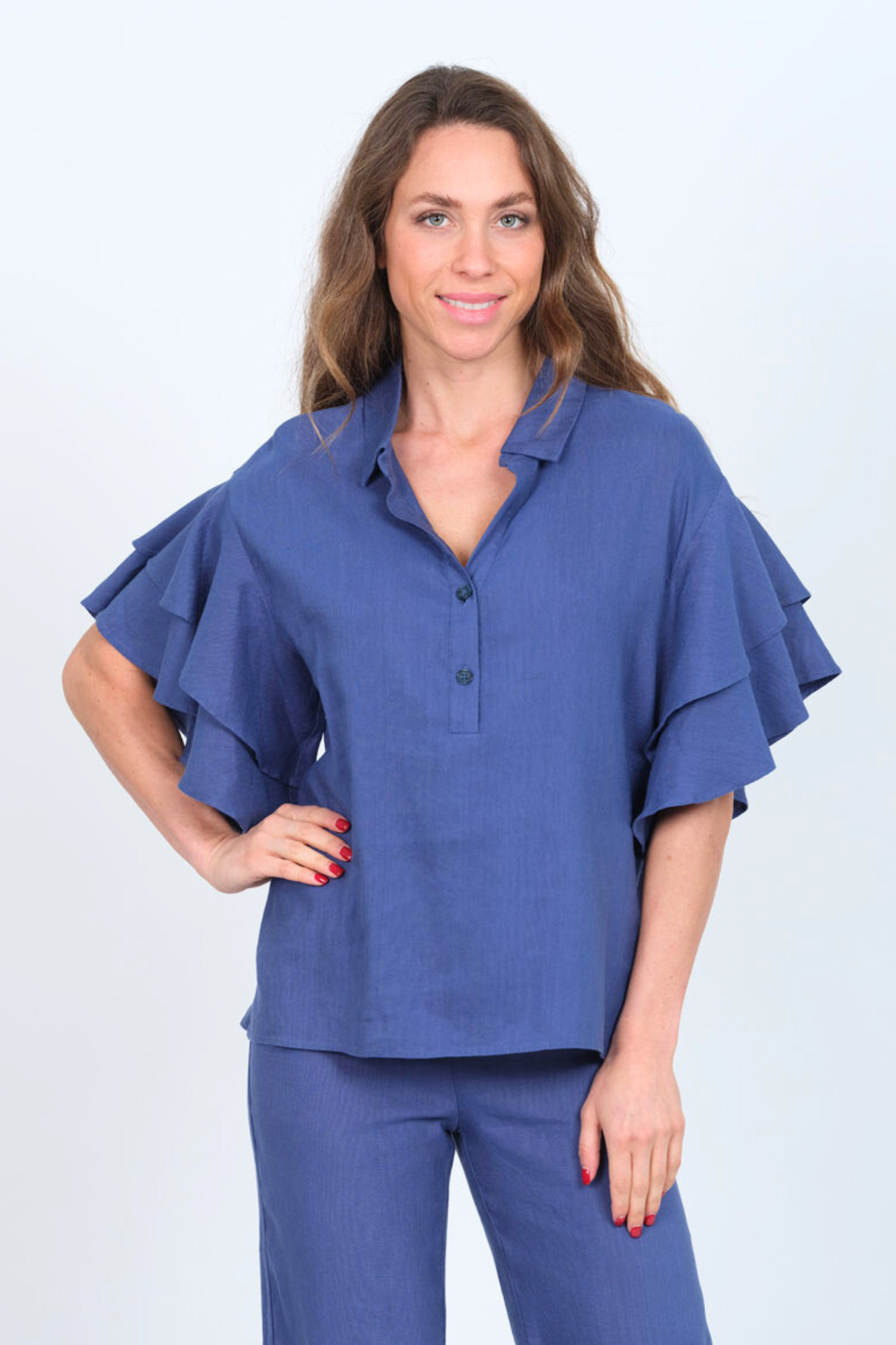 LIOR Women's True Blue Short Flounce Sleeve Linen Top With Collar - "Harmony"