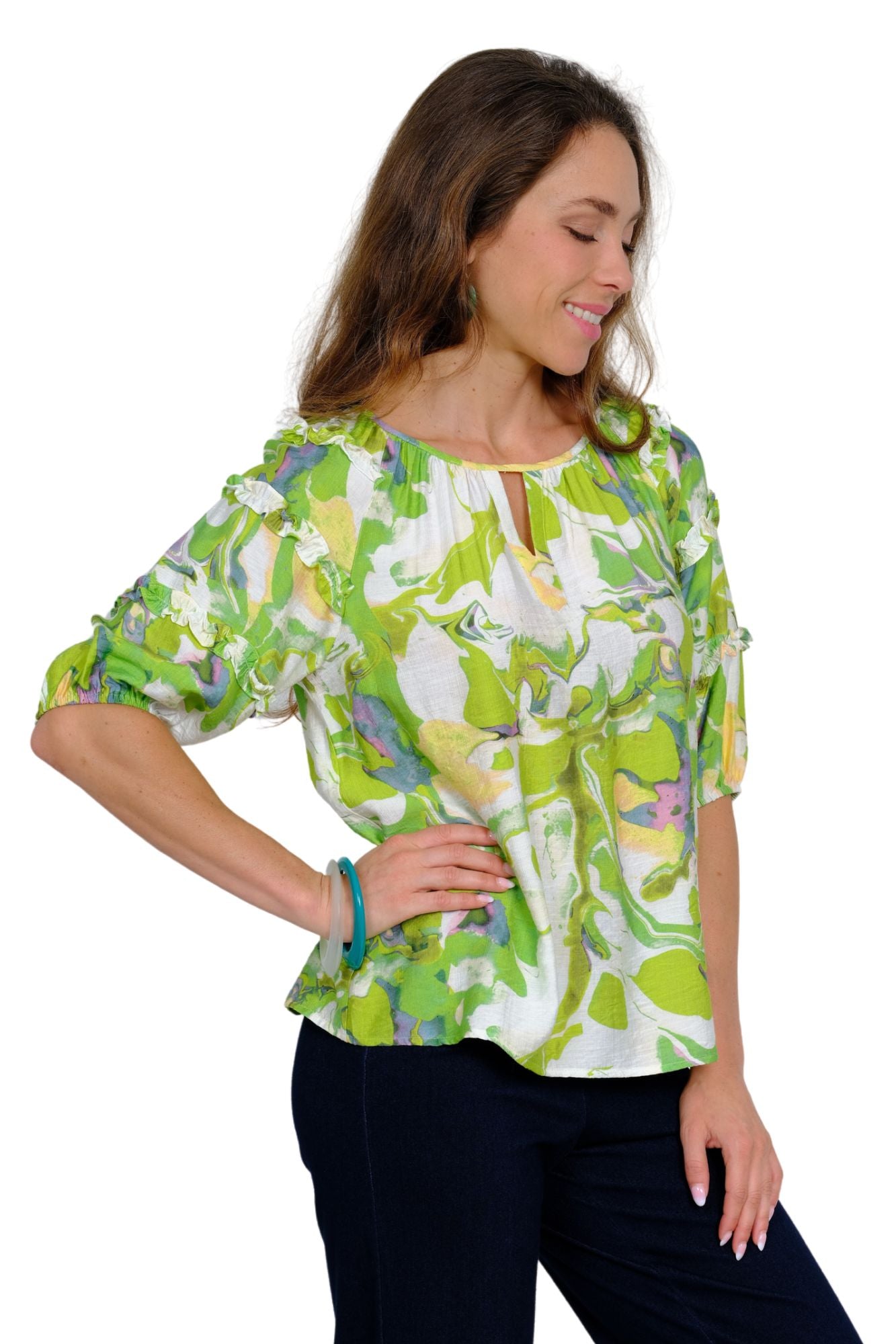 Women’s 3/4 puff sleeve printed blouse by LIOR with split neckline and relaxed fit