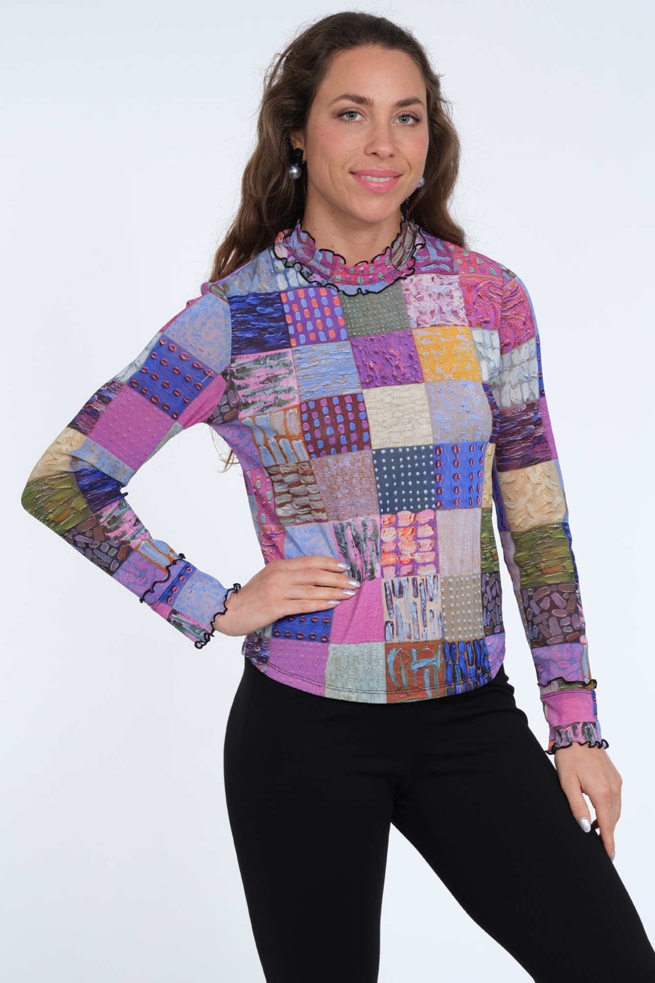 LIOR Women's Purple Patchwork Mesh Top With Ruffle Neck and Long Sleeves - "Cece"