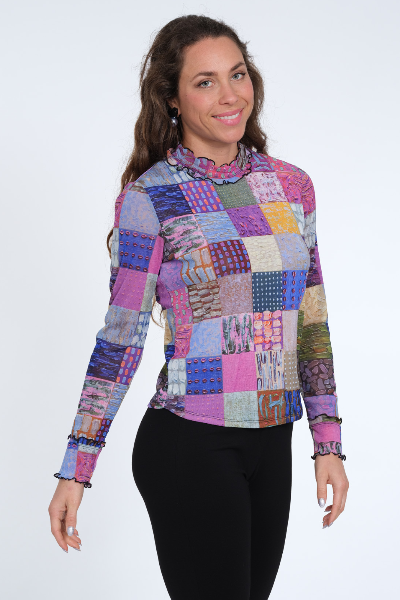 LIOR Women's Purple Patchwork Mesh Top With Ruffle Neck and Long Sleeves - "Cece"
