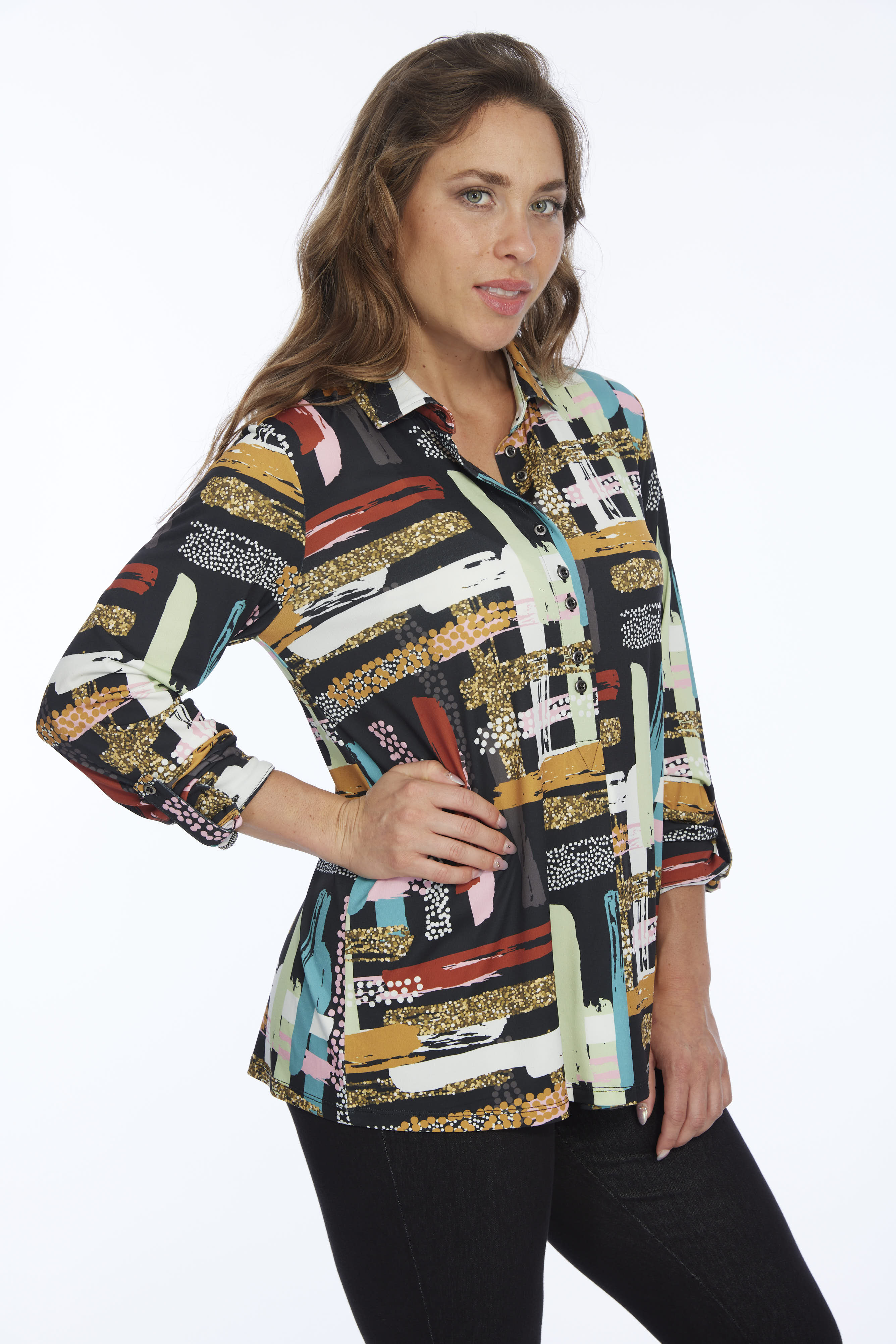 long sleeve roll tab tunic top