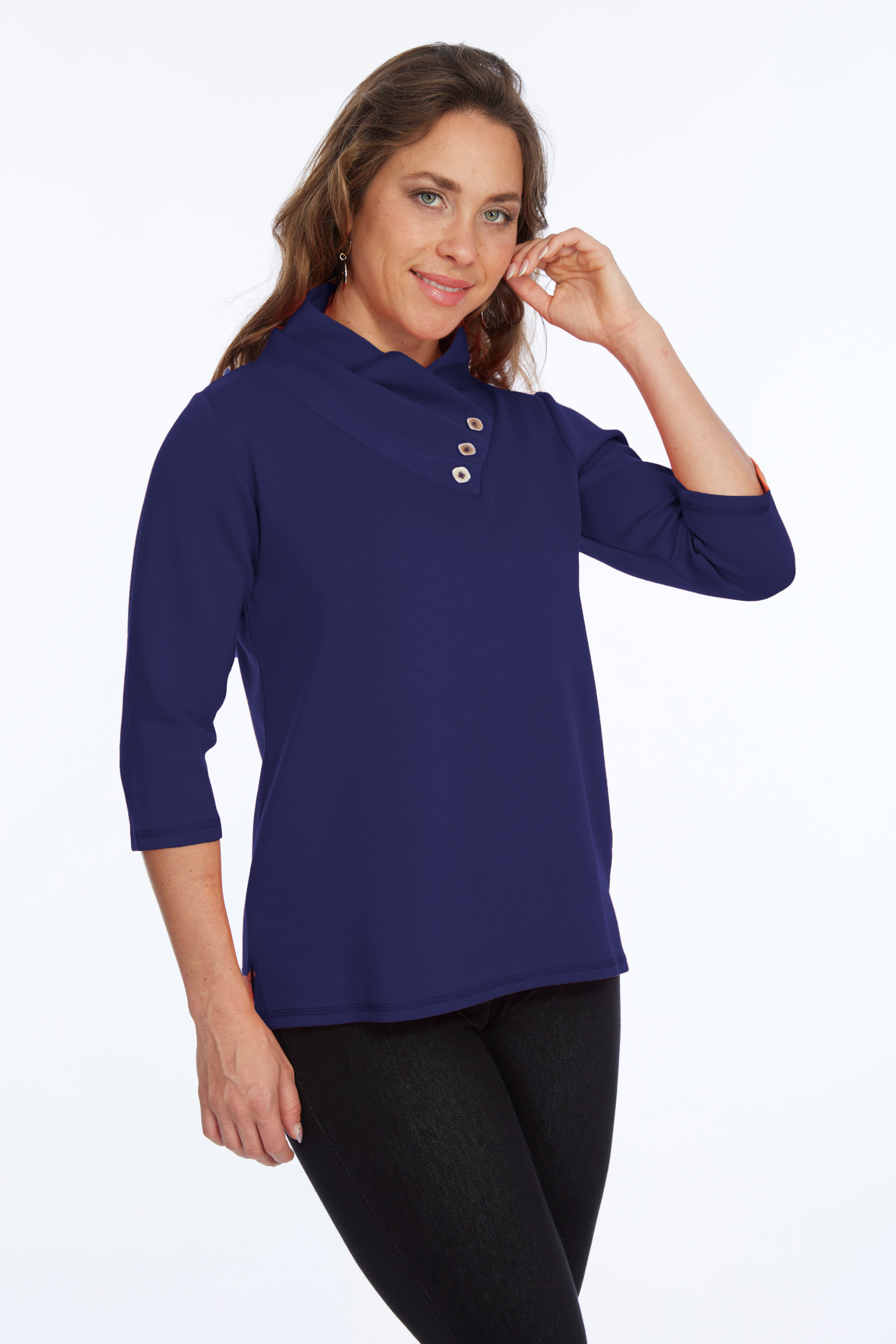 Gathered Neckline Soft Knit Tunic Top With Details | LIOR