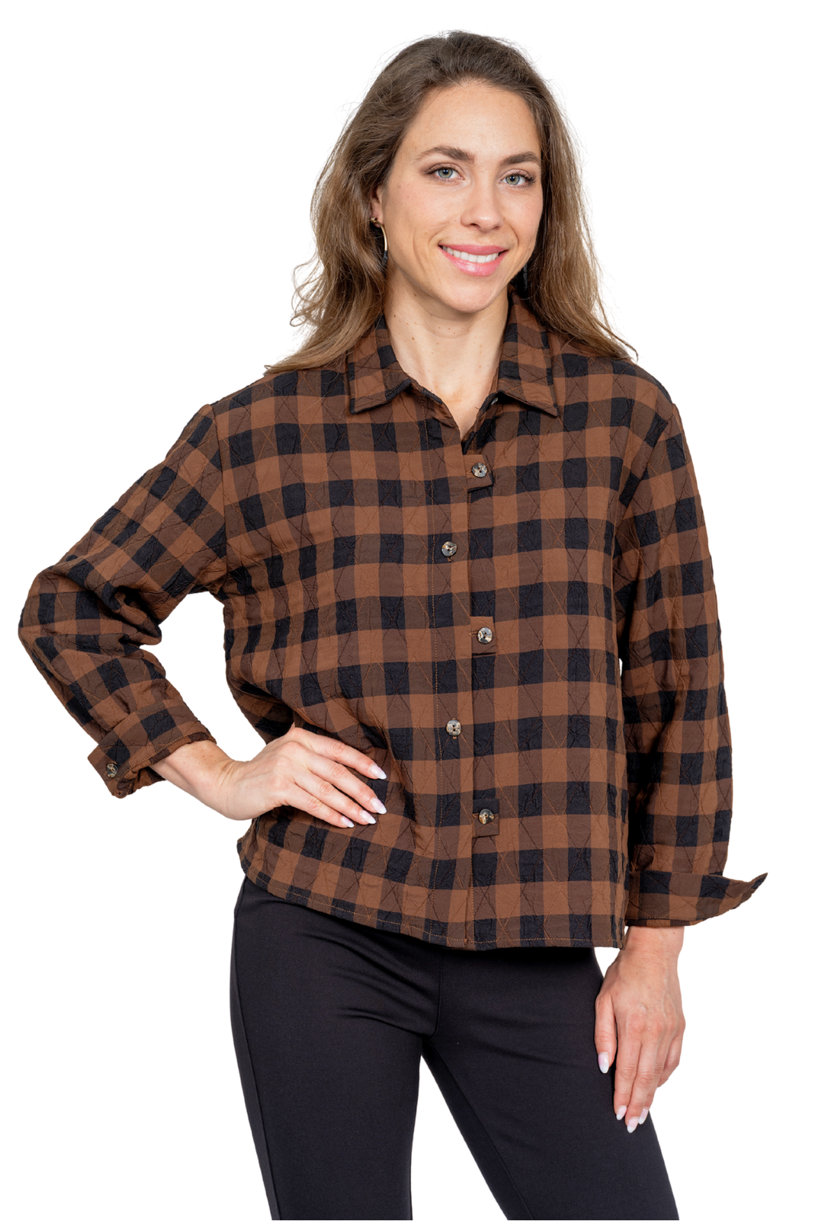 LIOR Women's Brown Plaid Shirt Jacket - "Choco"
