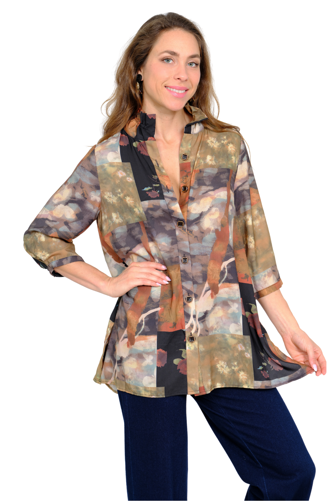 Lior Multicolor Taupe Wire Collar Tunic Blouse "Dora"