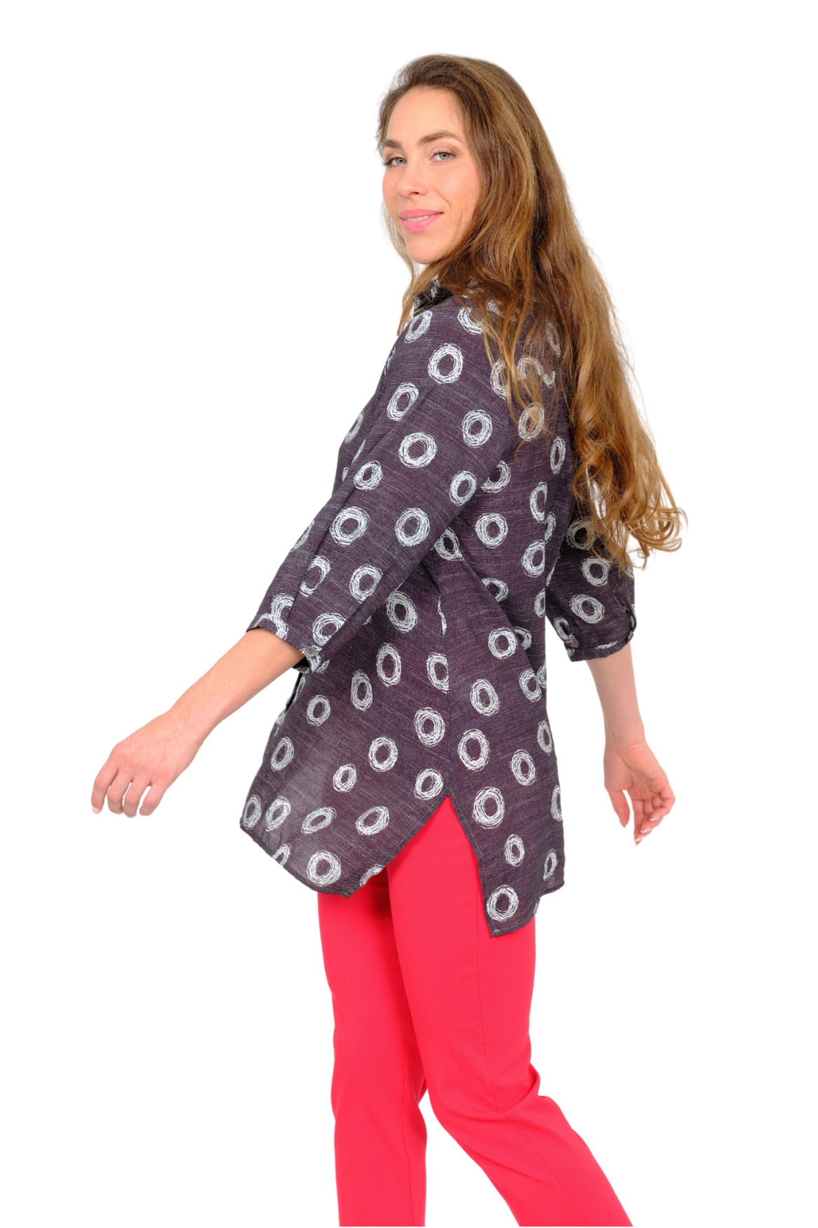 Charcoal grey button down blouse women with circle print and relaxed fit swing silhouette