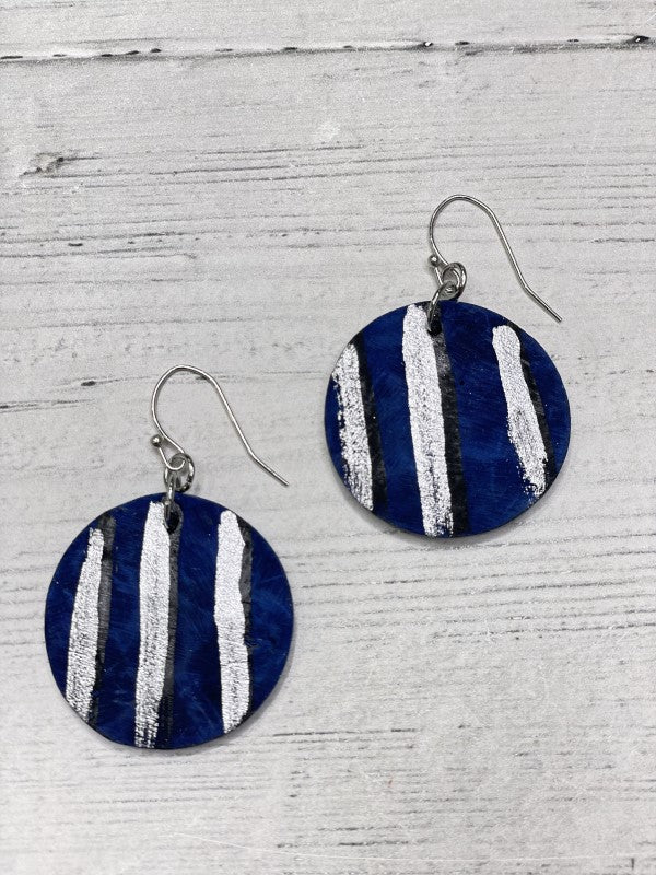 Alisha D Dangle Navy With Silver Stripe Circle Earrings
