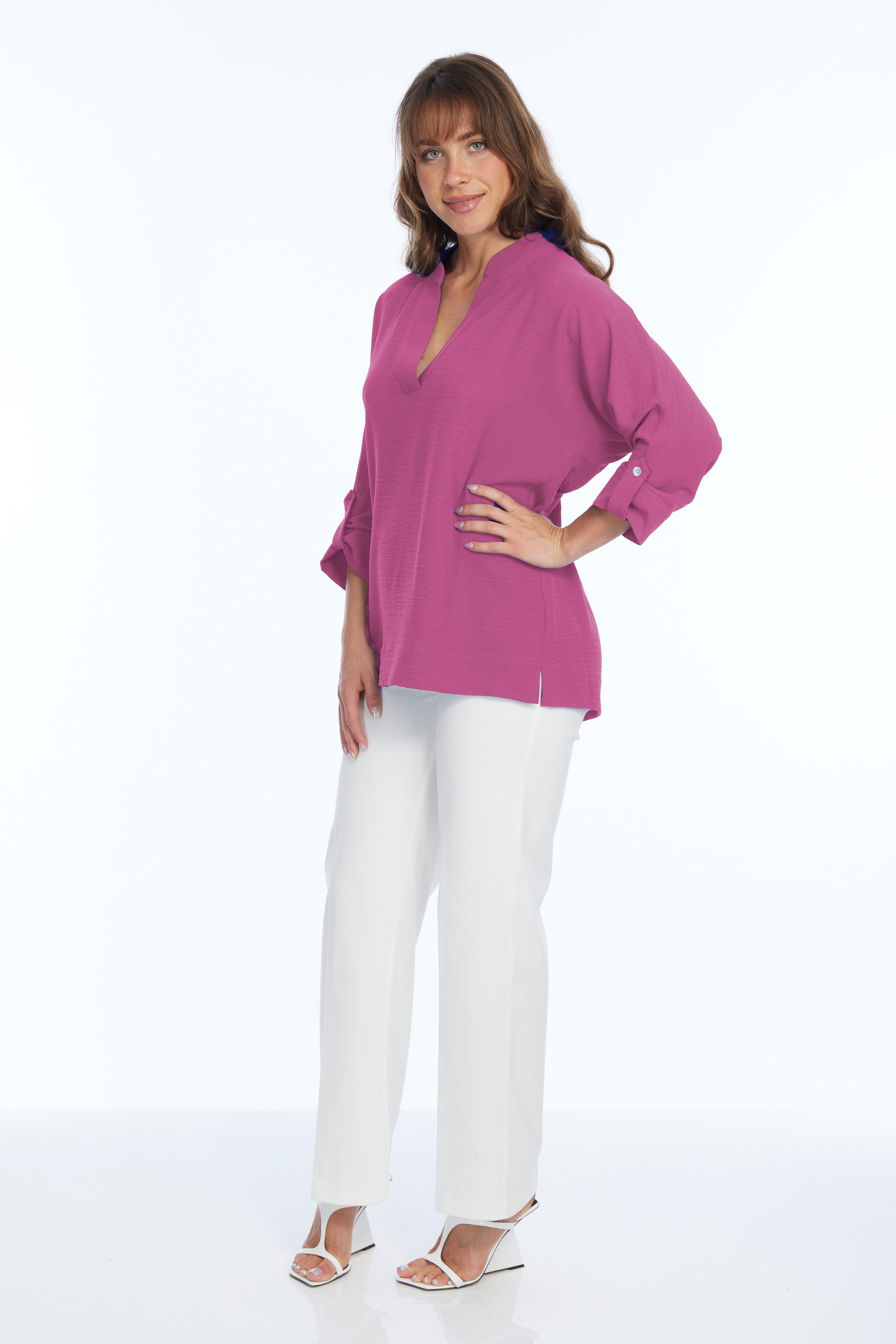 Women's Banded Collar V-Neck 3/4 Roll Tab Sleeve Blouse | Frida