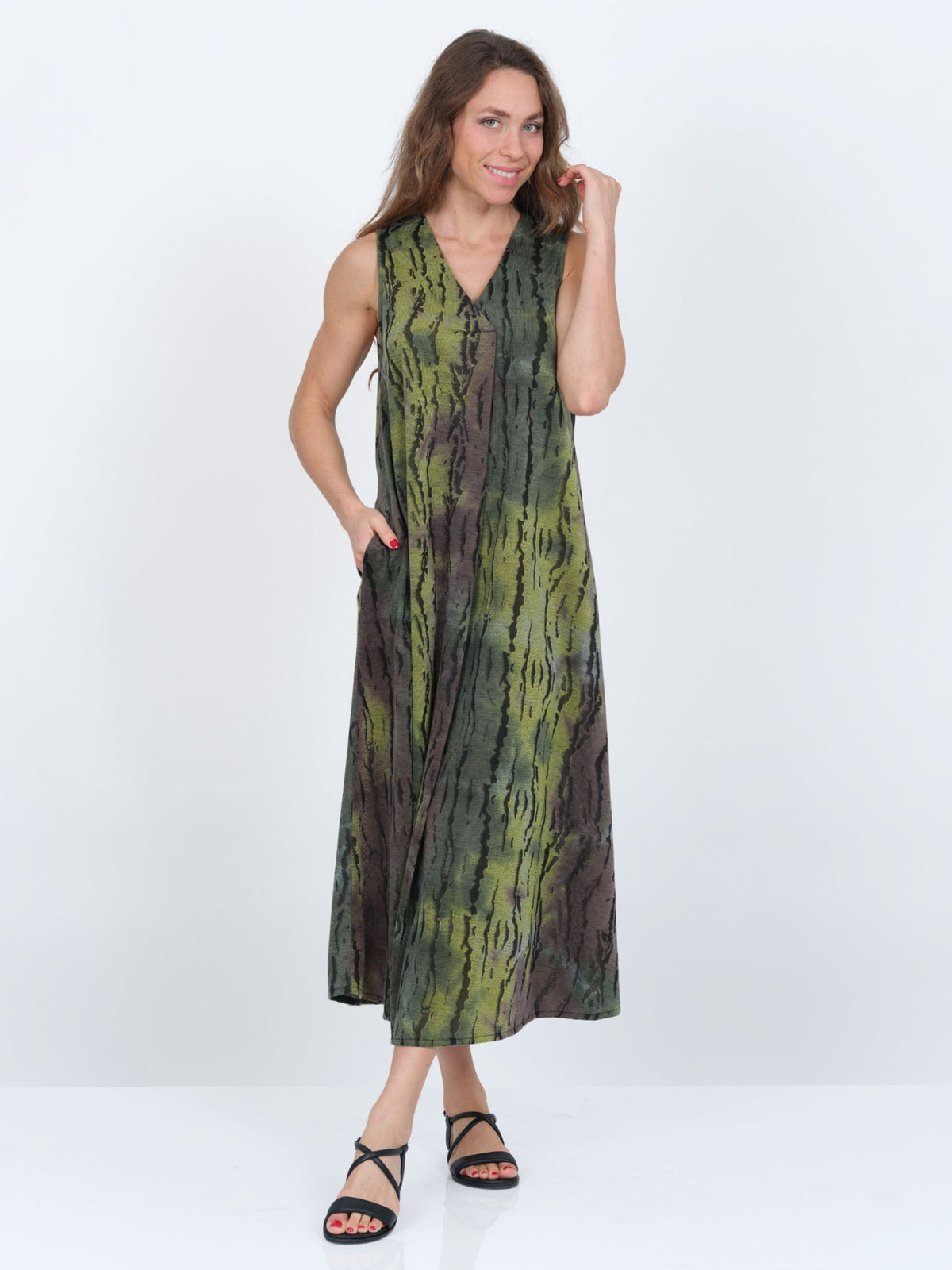 LIOR Women's Green Sleeveless Midi Dress With Burnout Detail and Gathered Back - "Amelia"