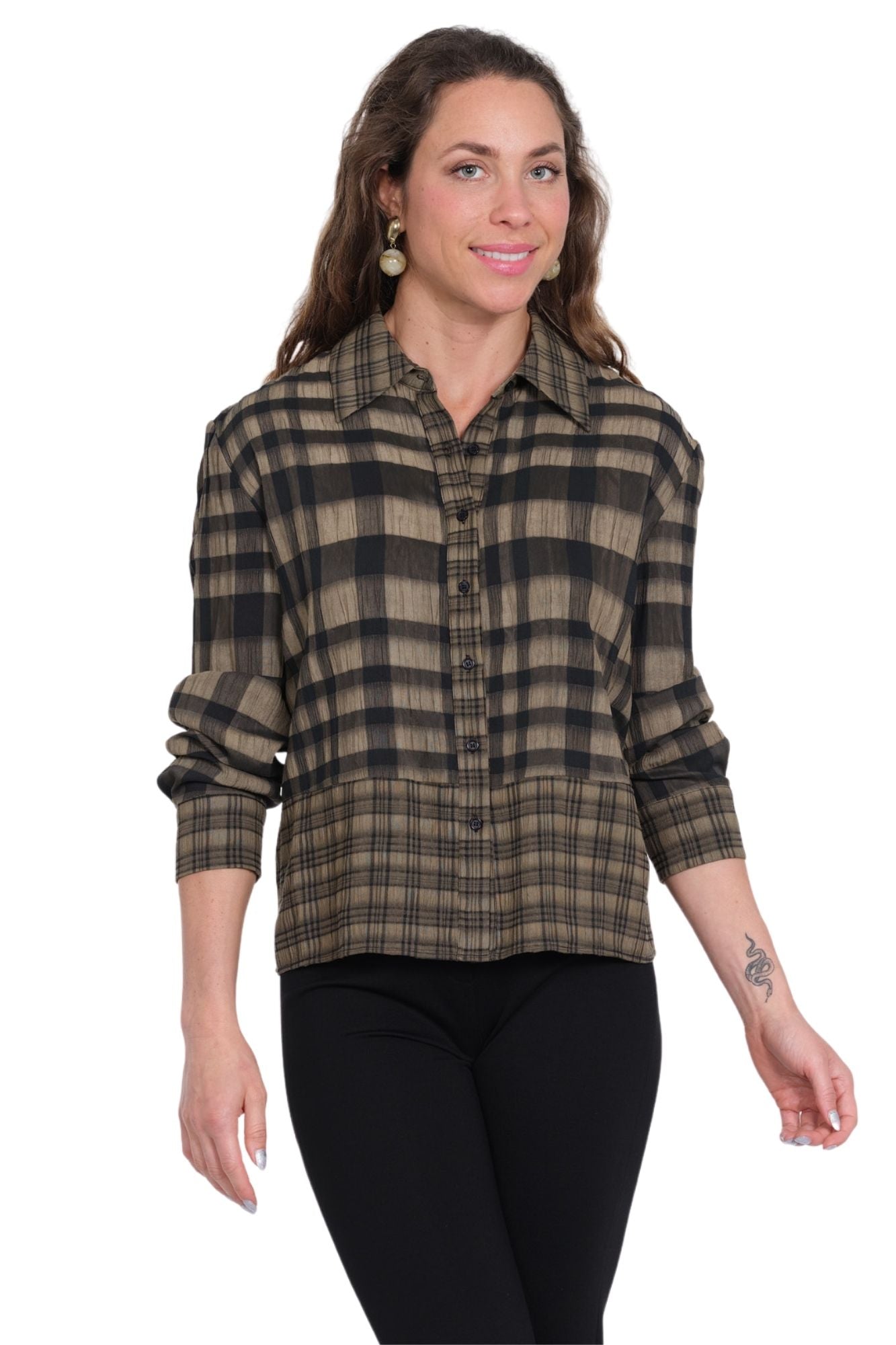 Women's Taupe and Black Plaid Shirt with Classic Button Front by LIOR
