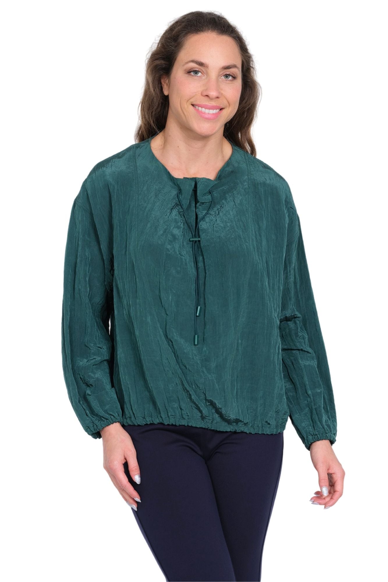 LIOR Women's Gardenia Forest Green Blouse with Toggle Closure Neckline and Long Sleeves