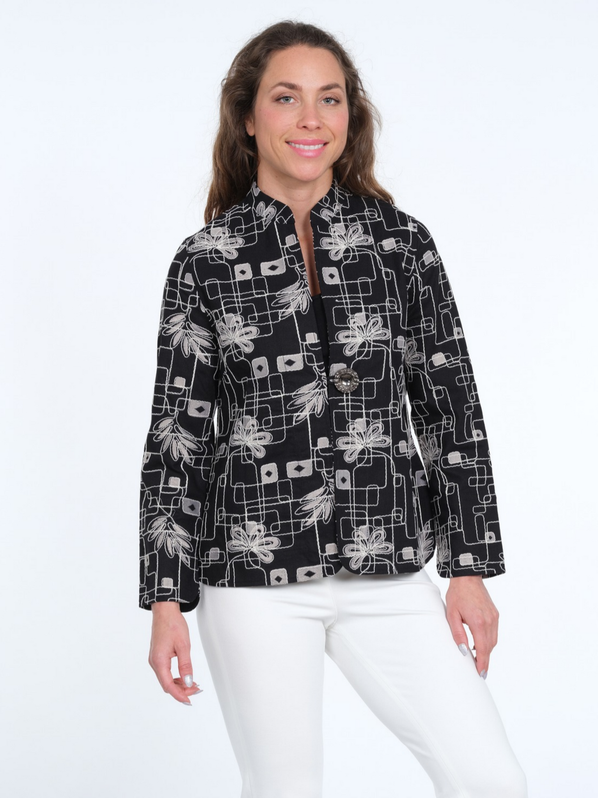 LIOR Women's Black Embroidered Jacket with 1-Button Front - "Geneva"