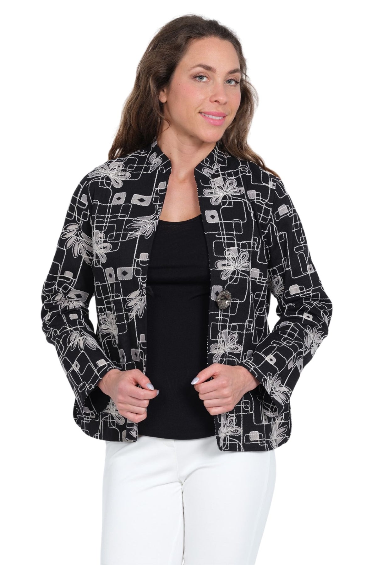 Women's Black Embroidered Jacket with Silver Floral Pattern and One-Button Front by LIOR