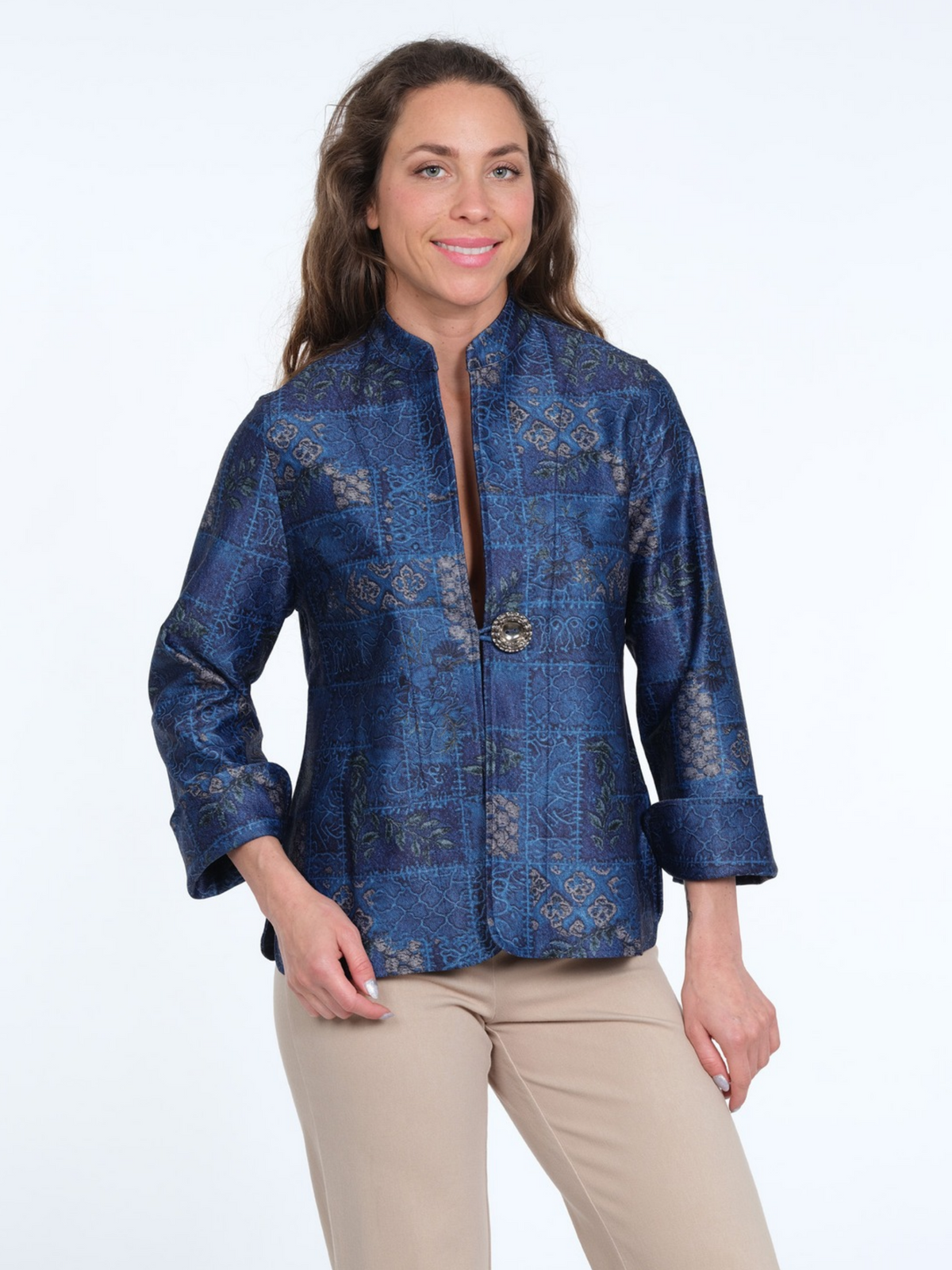 LIOR Women's Royal Blue Embroidered Jacket with 1-Button Front - "Geneva"