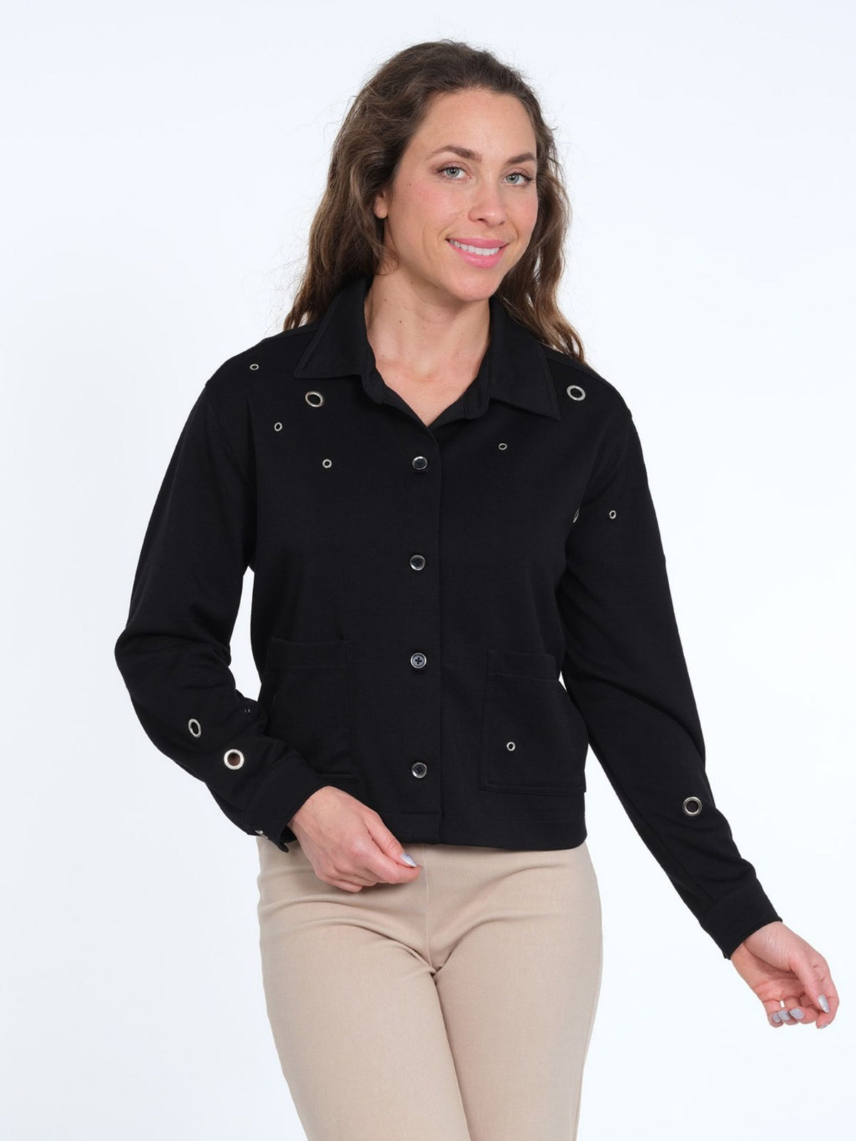 Women's Black Soft Knit Grommet Detail Jacket - Button Front - Side Pockets - "Georgia"