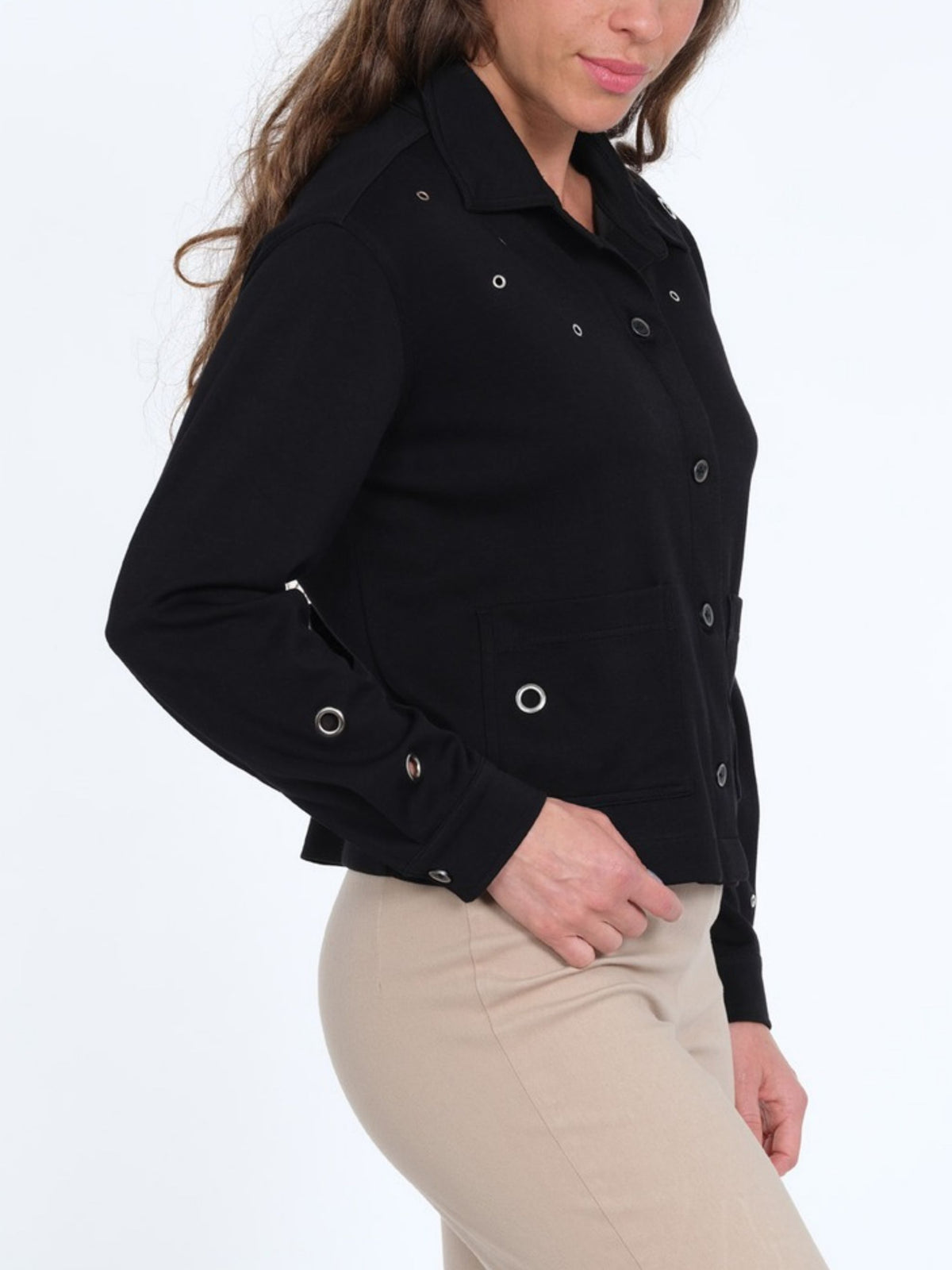 Women's Black Soft Knit Grommet Detail Jacket - Button Front - Side Pockets - "Georgia"