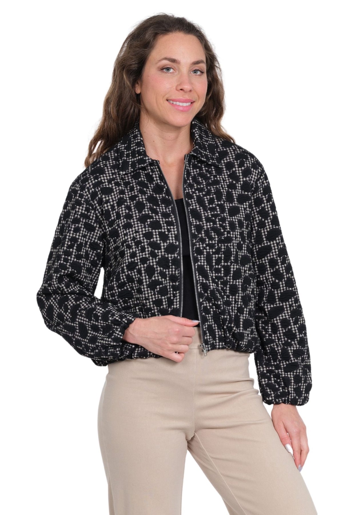 LIOR Women's Black Textured Zip Front Jacket with Collar  - "Gigi"