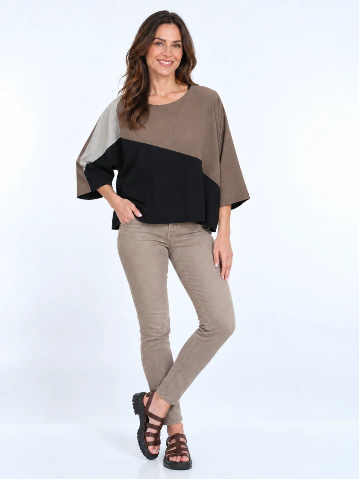 Women's Black & Taupe Color Block One Size Tunic Top - Flowy & Fits All - "Grace"