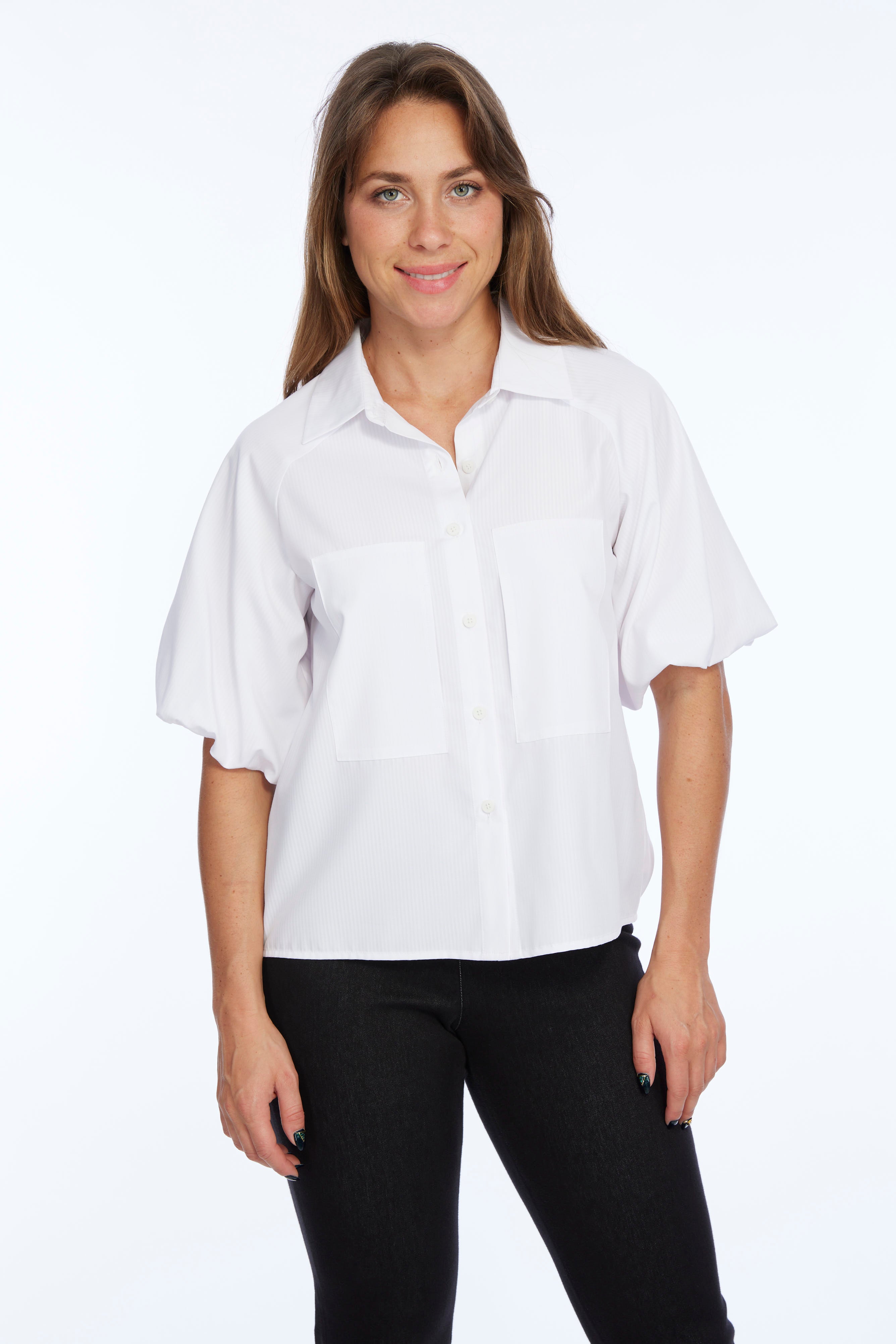 LIOR Women's Short Balloon Sleeve Button Up Top-"Honor"