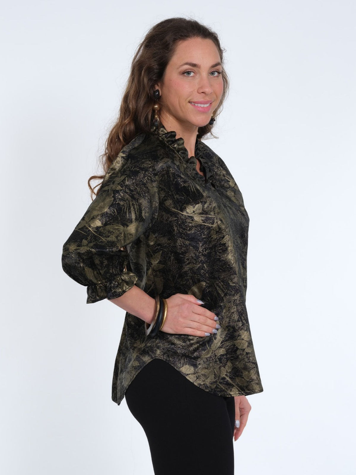 Women's Black & Gold Botanical Ruffle Neck & V Neck 3/4 Sleeve Curve Hem Blouse - "Hailey"