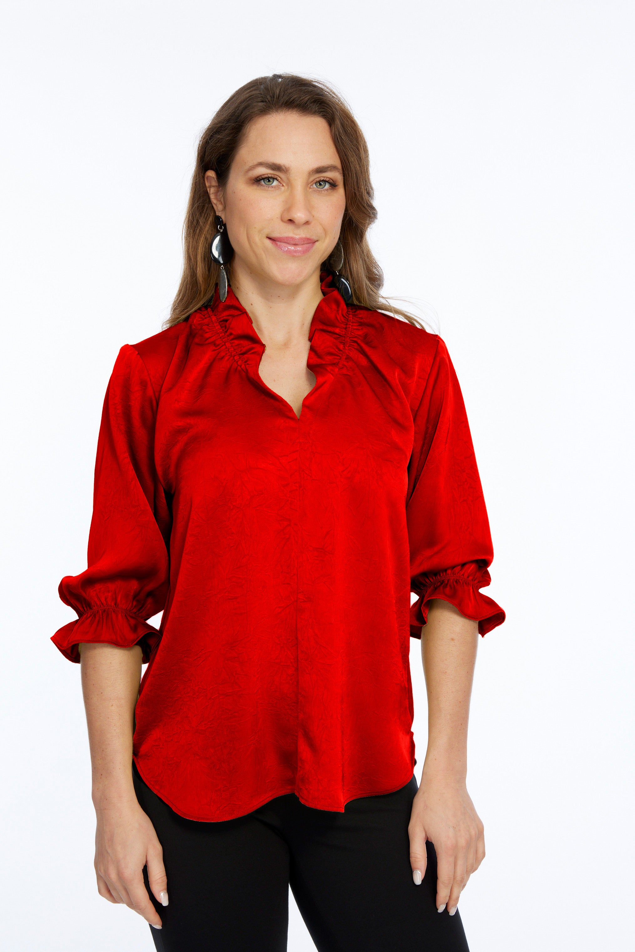 LIOR Women's Premium Satin 3/4 Ruffle Sleeve Blouse - Hailey