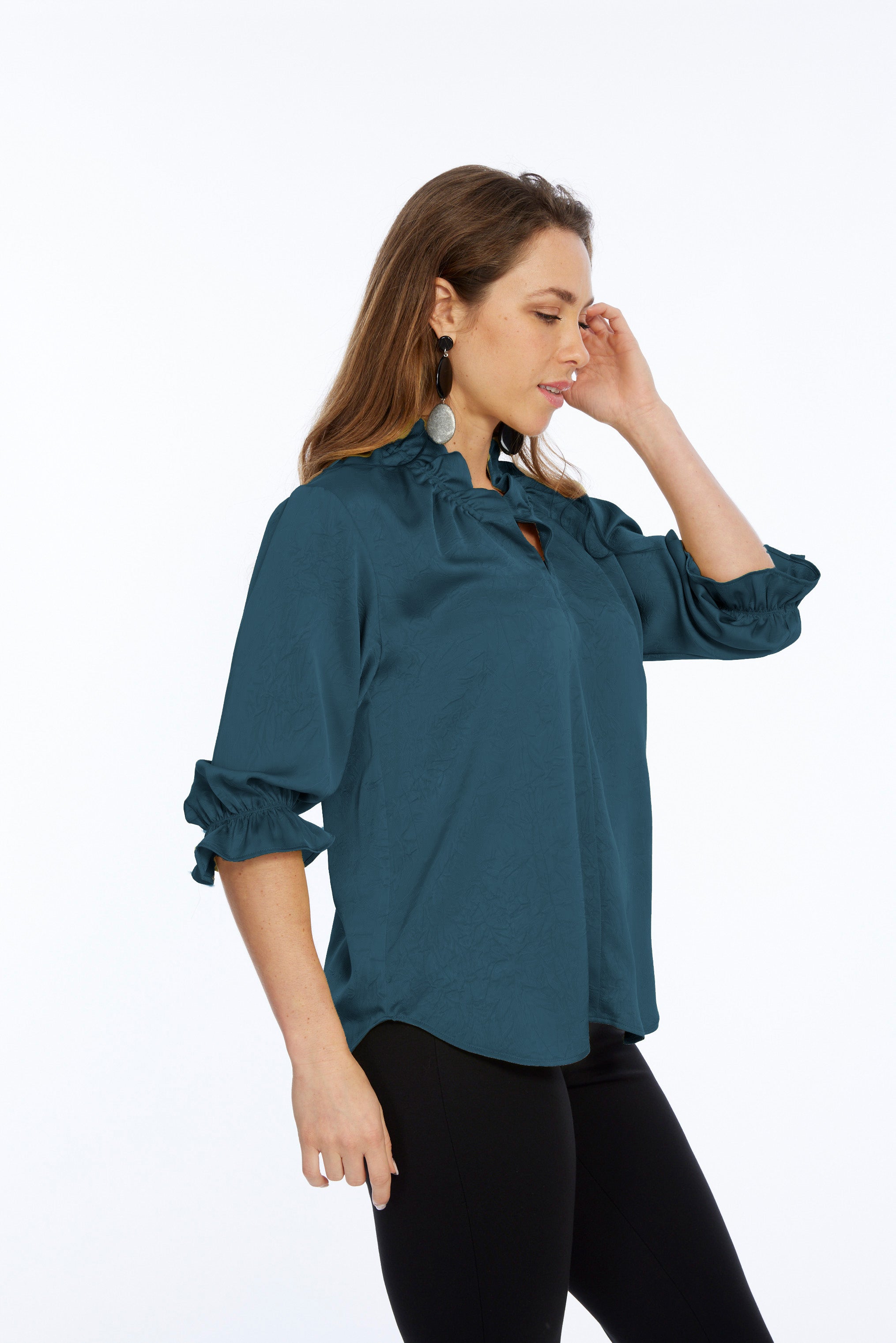 LIOR Women's Teal Premium Satin 3/4 Ruffle Sleeve Blouse - Hailey
