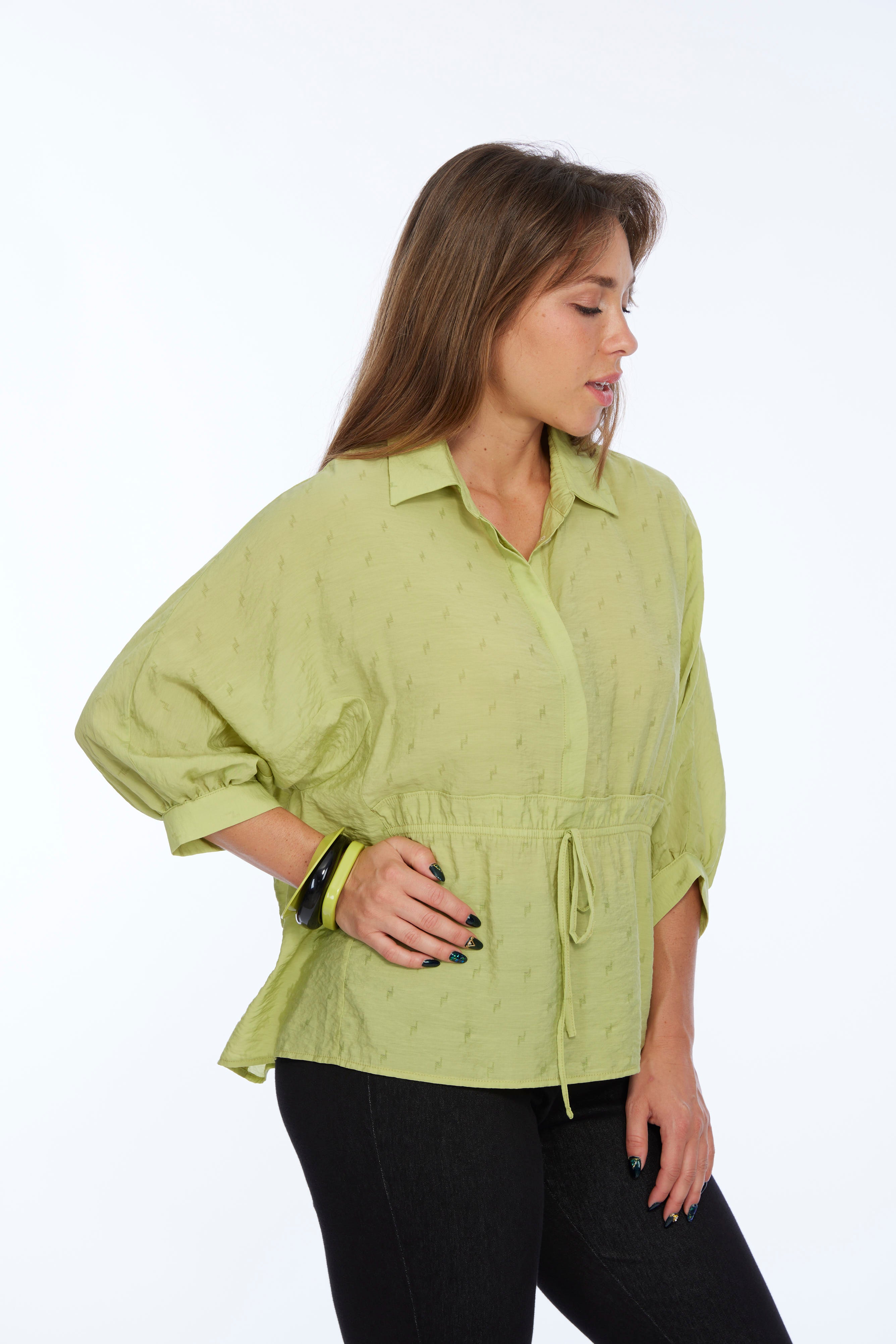 Women's Lime Pleated Drawstring Waist Blouse 3/4 Sleeves LIOR