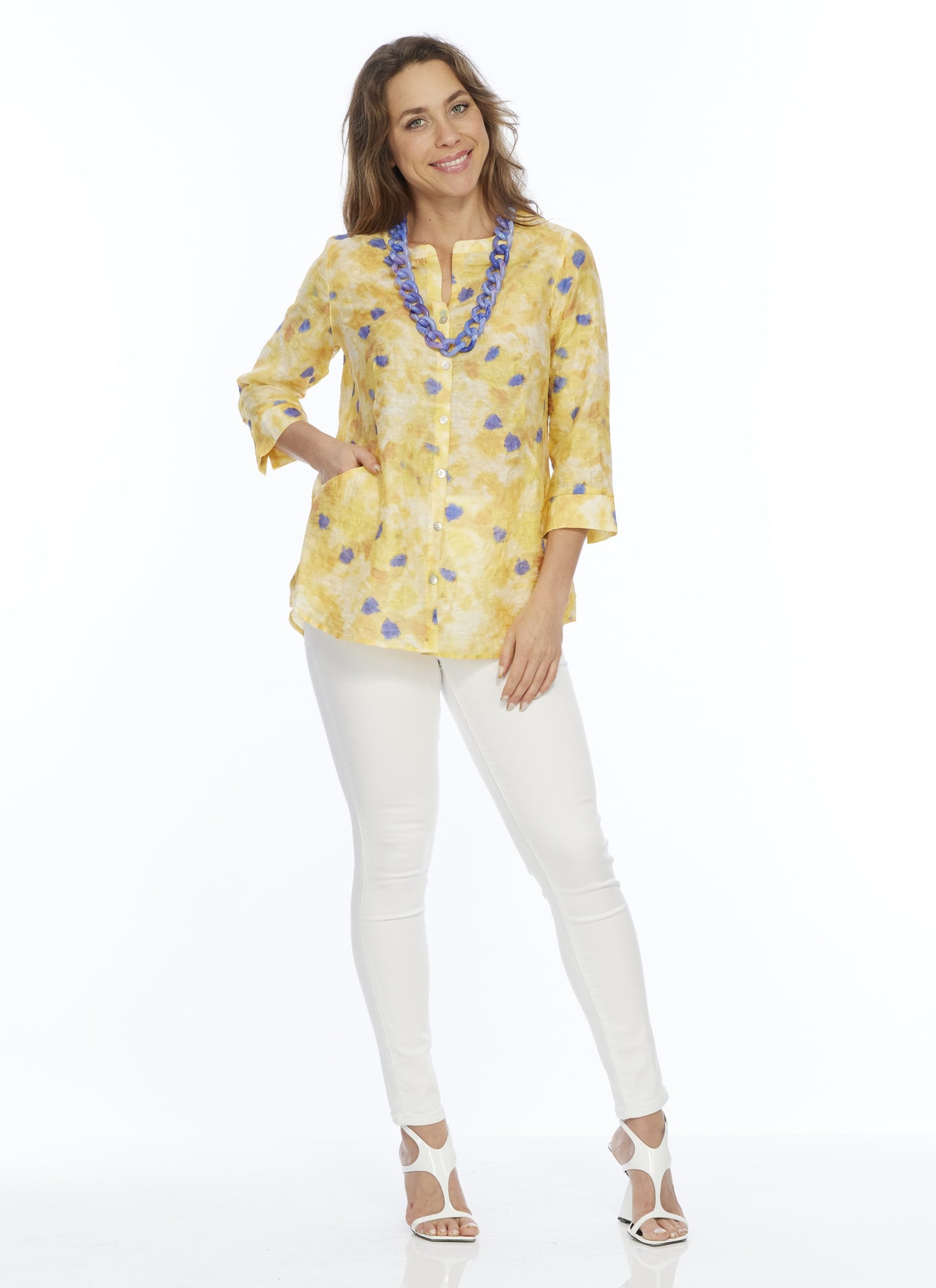 Yellow Mandarin Collar Tunic Blouse HONEY | LIOR