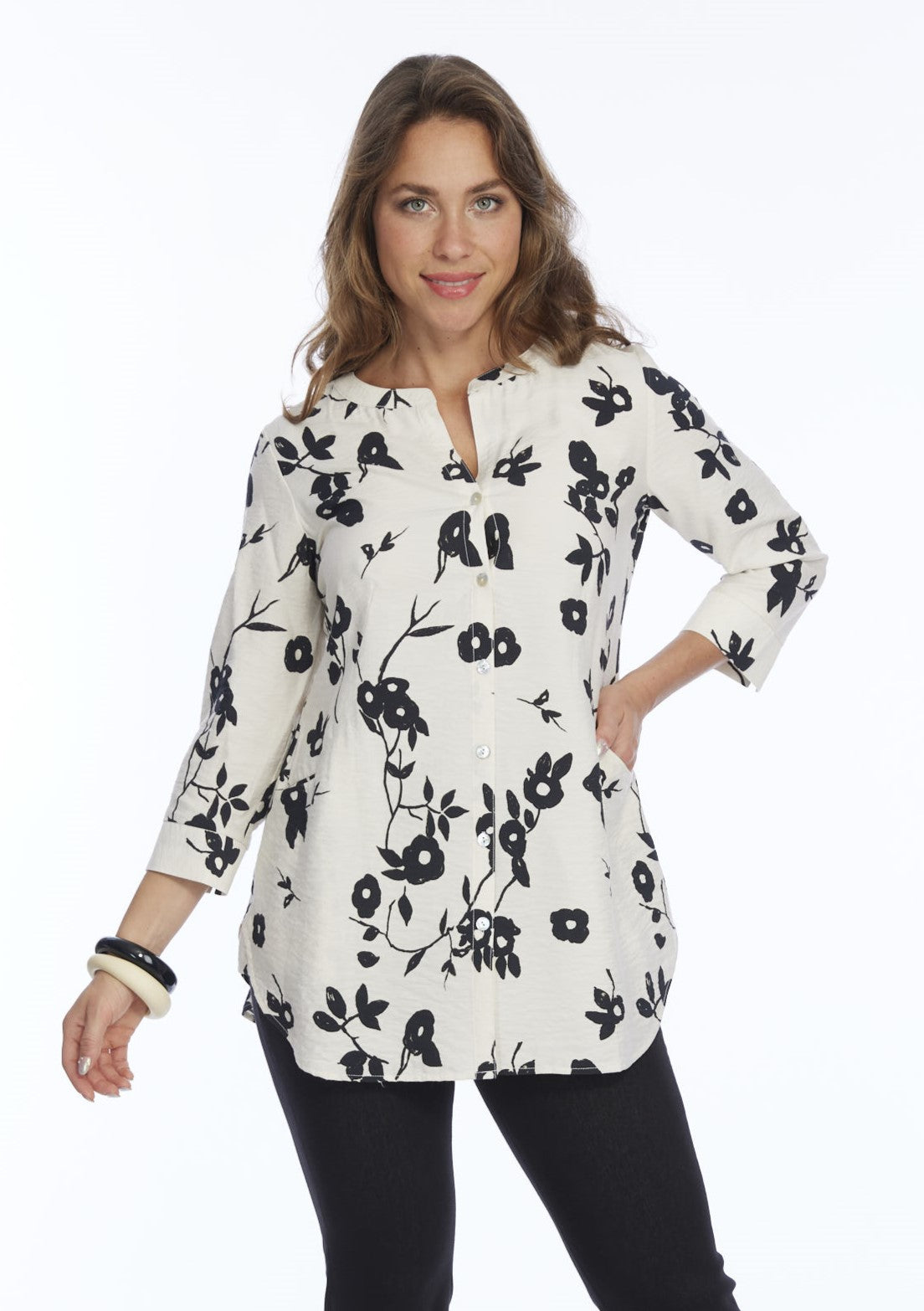 Black & White Floral Mandarin Collar Women's Blouse