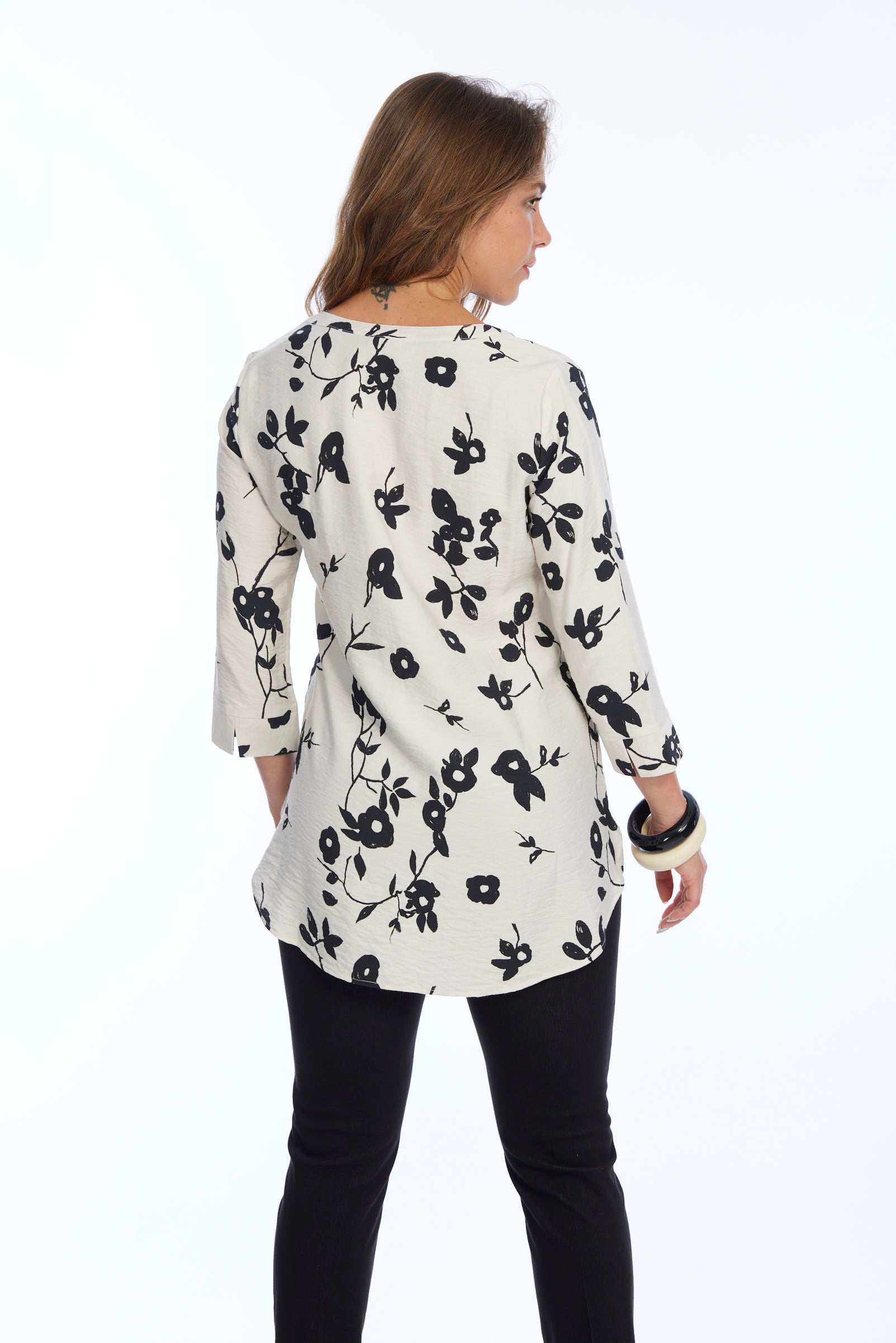 Black & White Floral Mandarin Collar Women's Blouse