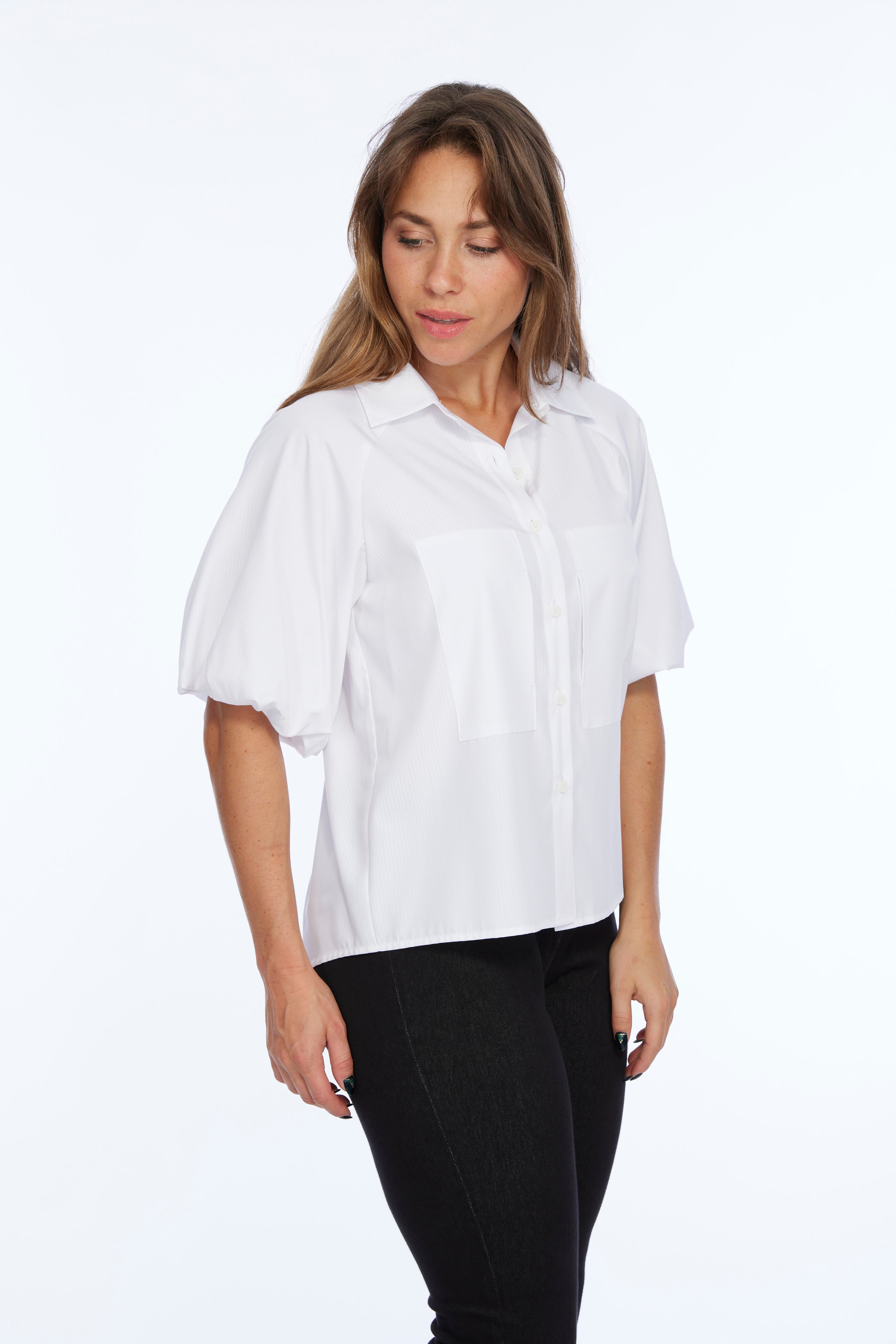 LIOR Women's Short Balloon Sleeve Button Up Top-"Honor"