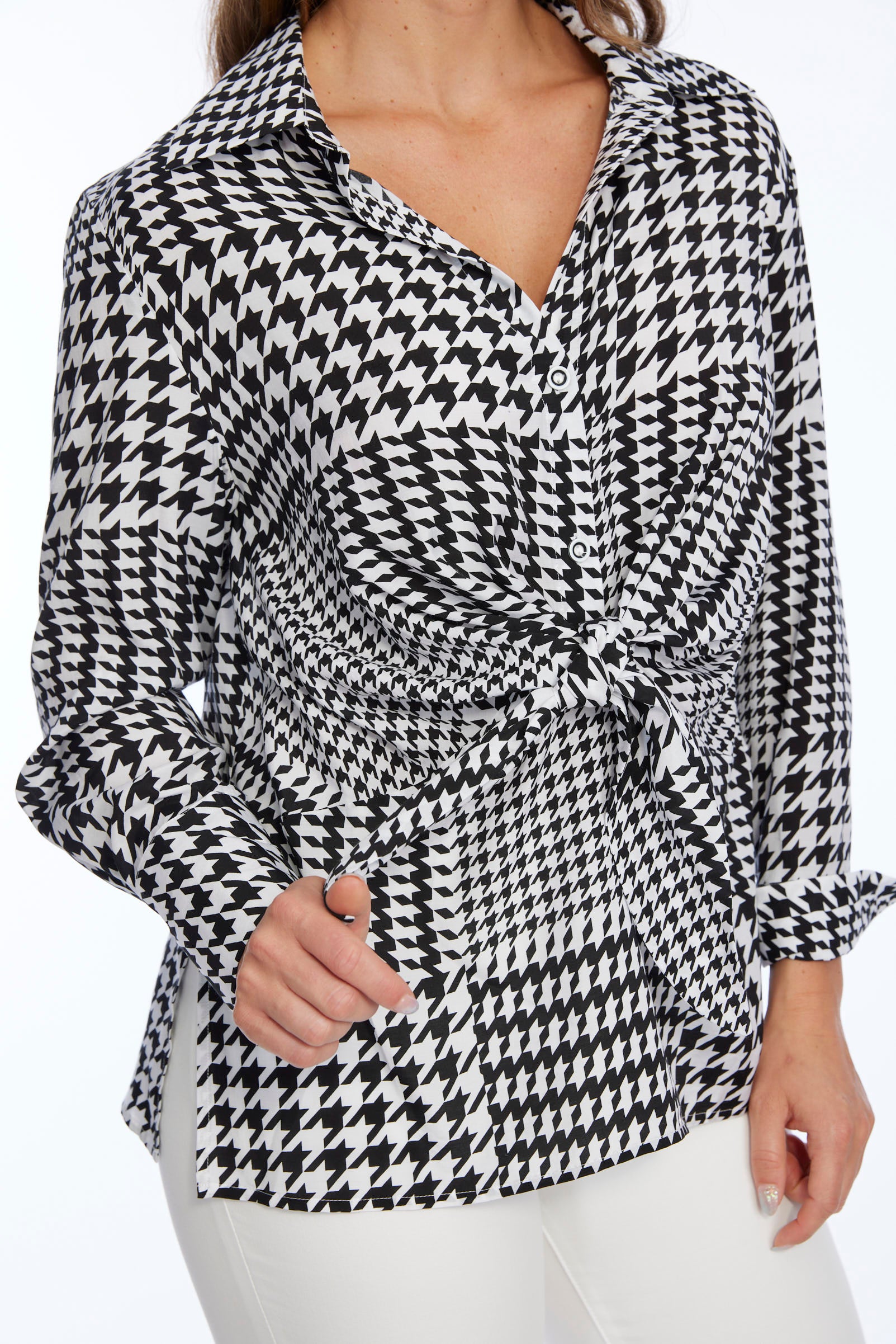 Black & White Knot Front Long Sleeve Women's Top | Hudson LIOR