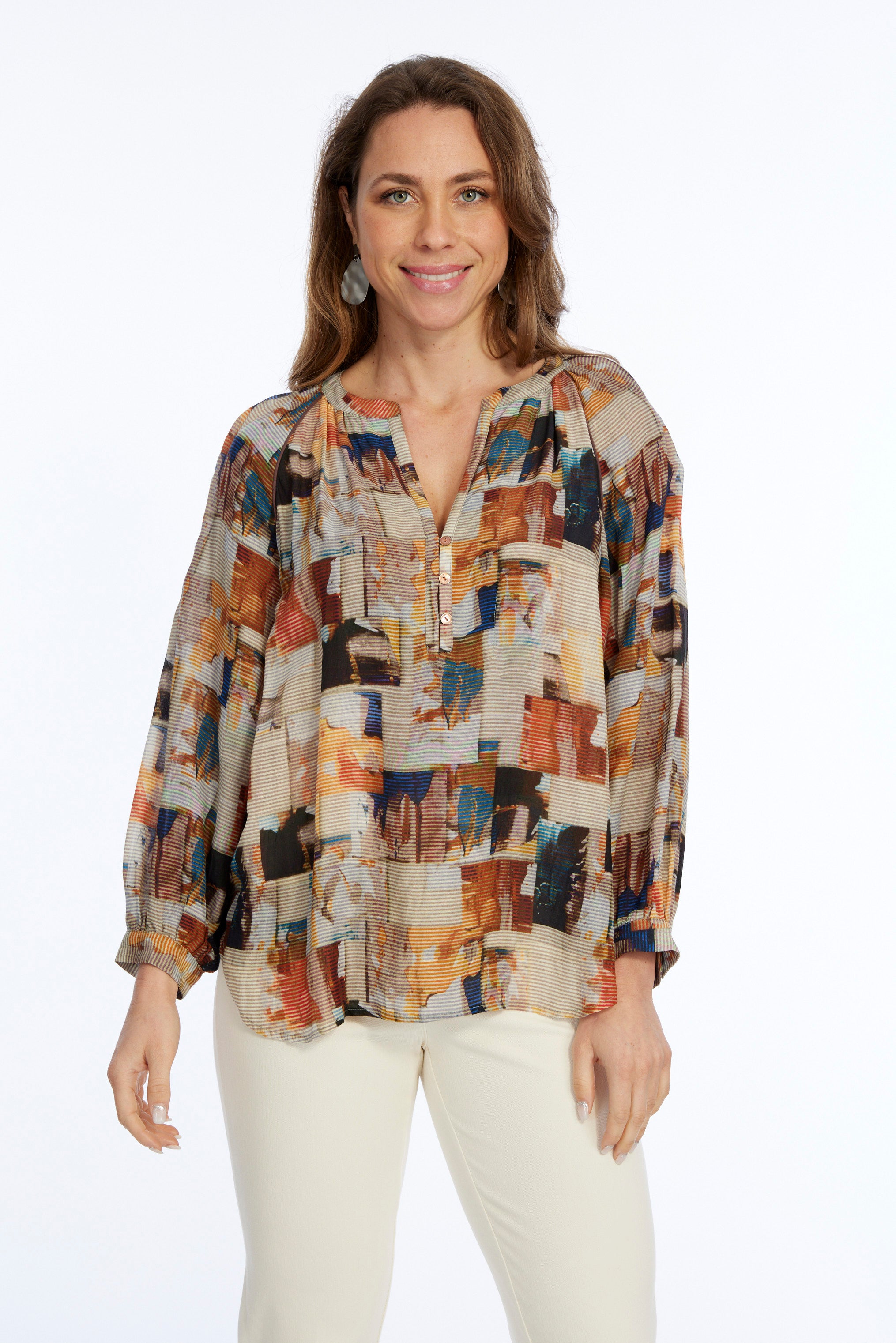 Women's Brown Abstract Print Long Balloon Sleeve Pull Over-"Indie"