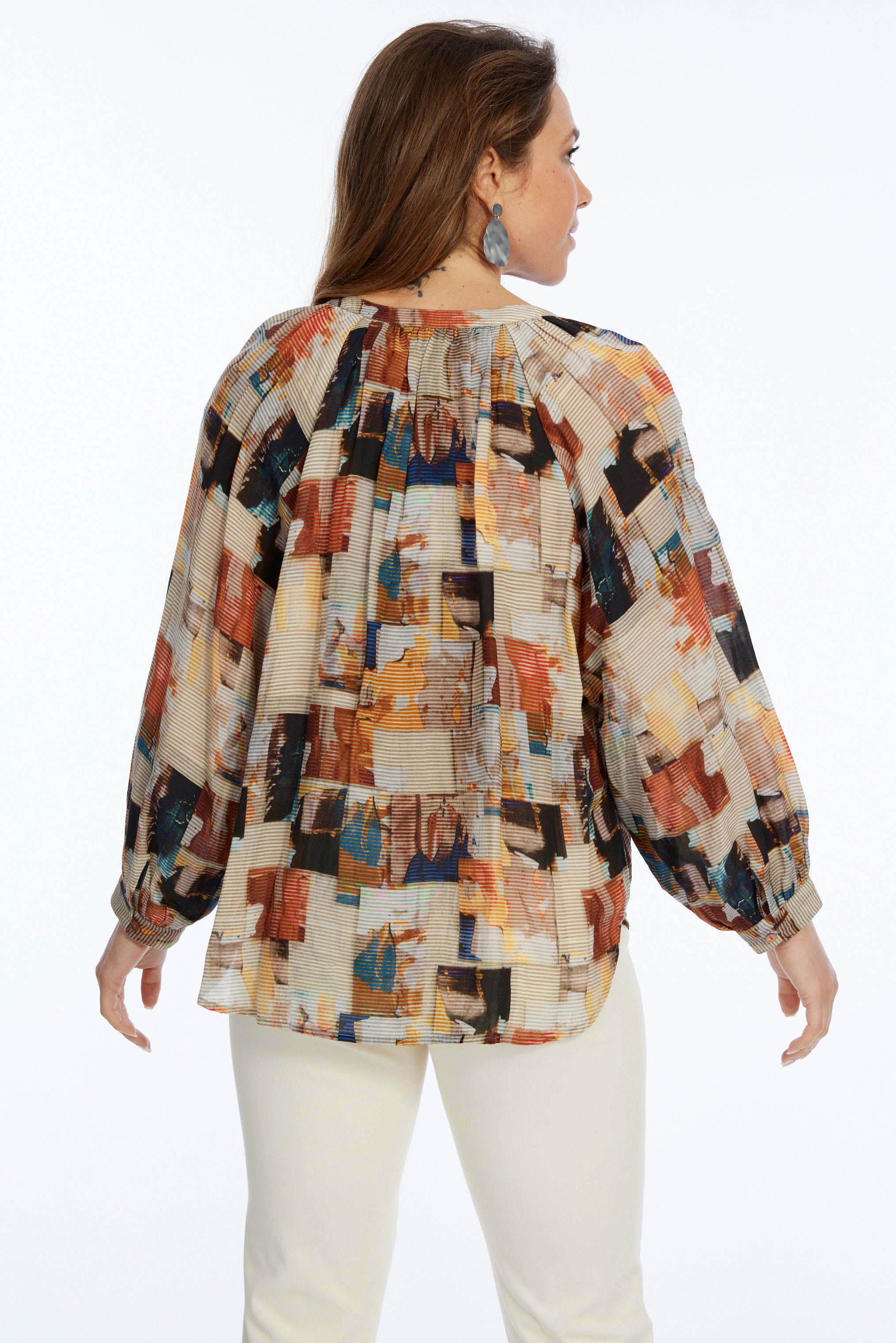 Women's Brown Abstract Print Long Balloon Sleeve Pull Over-"Indie"