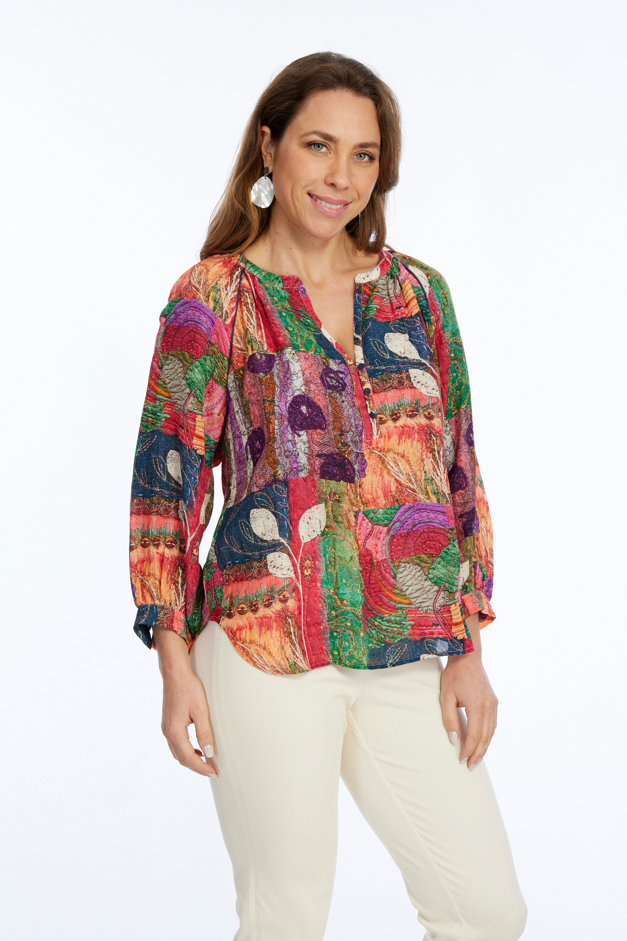 Women's Long Balloon Sleeve Pull Over Blouse Leaf Print-"Indie"