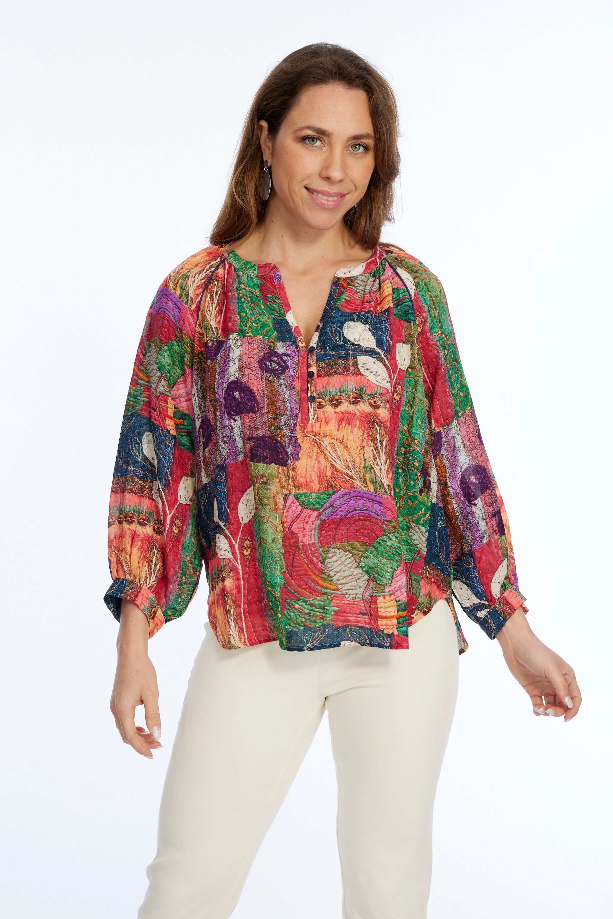 Women's Long Balloon Sleeve Pull Over Blouse Leaf Print-"Indie"