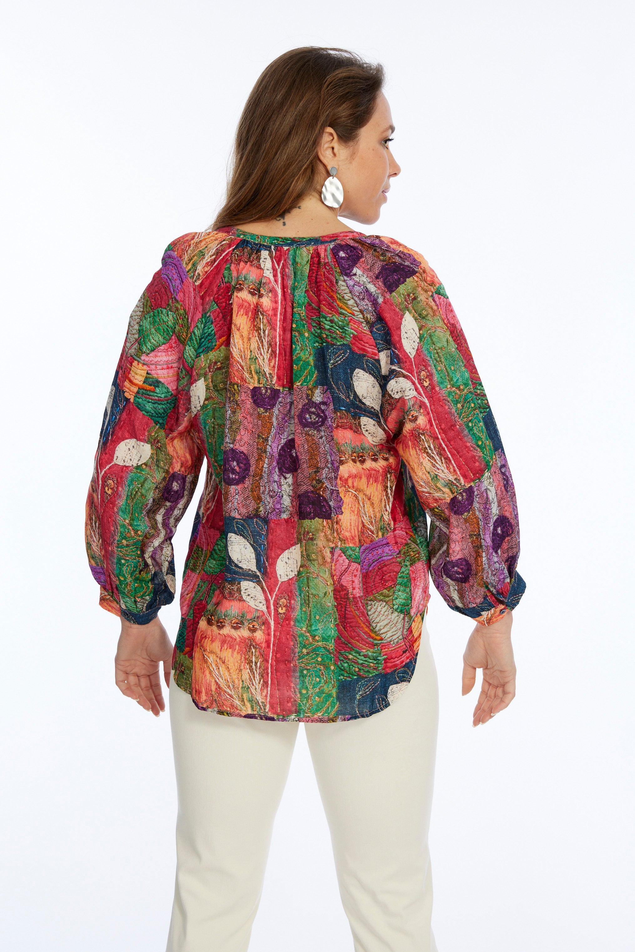 Women's Long Balloon Sleeve Pull Over Blouse Leaf Print-"Indie"