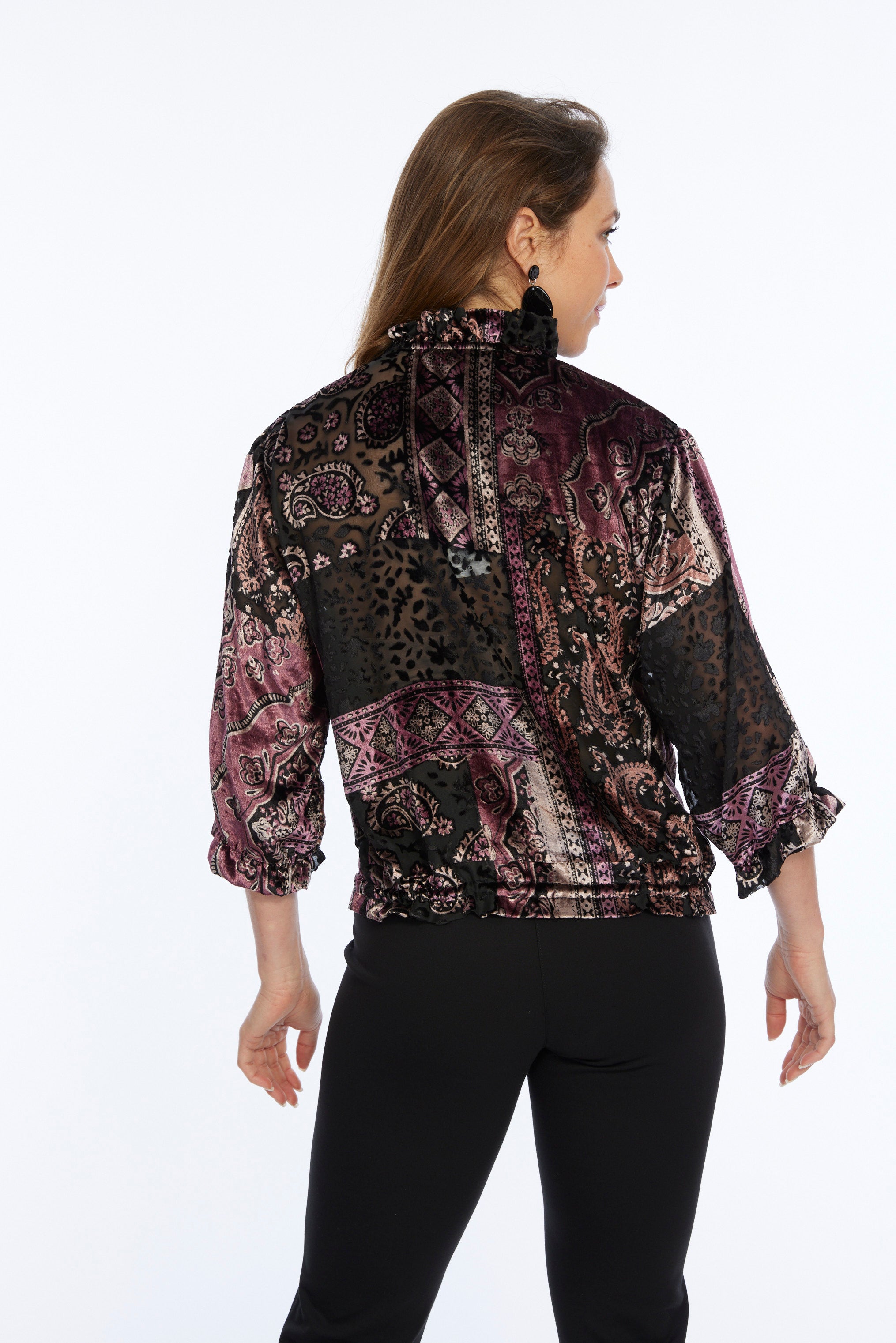 LIOR Women's Velvet Zipper Jacket Paisley Print 3/4 Ruffle Sleeves - "Jace"