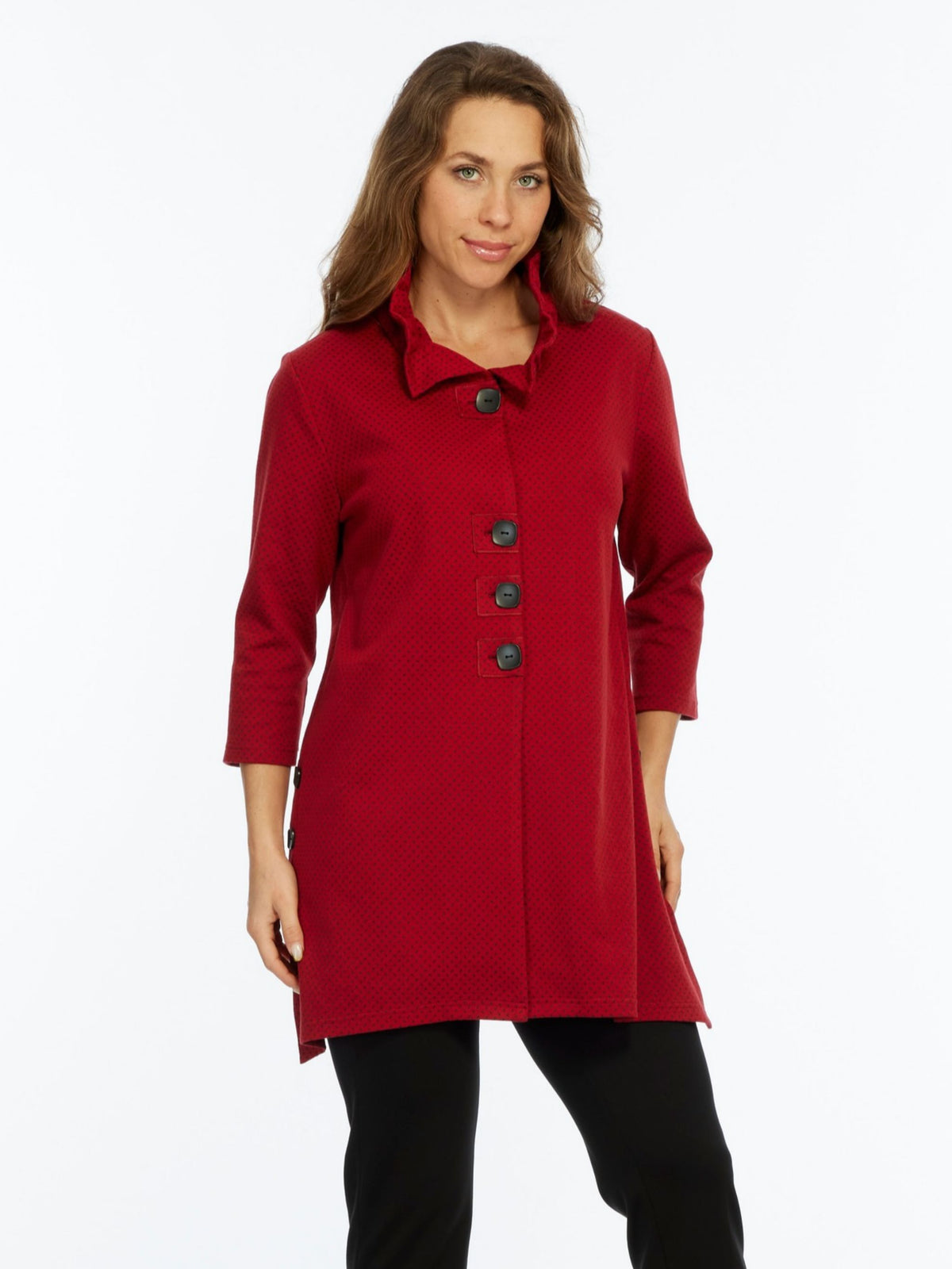 LIOR Women's Red Ruffle Neck Long Button Up Jacket - "Kayla"