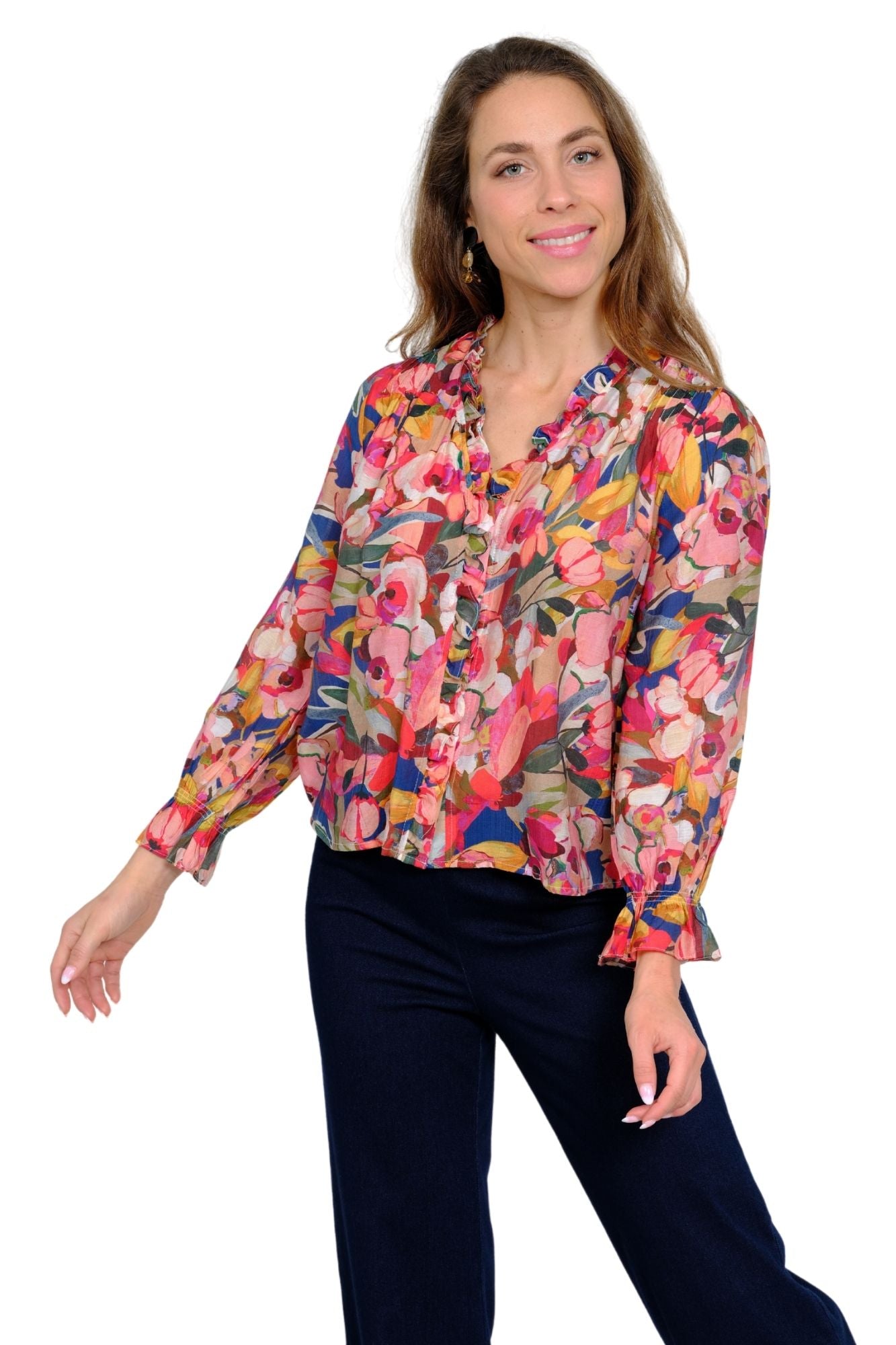Colorful long sleeve summer blouse for women with ruffle front and floral pattern
