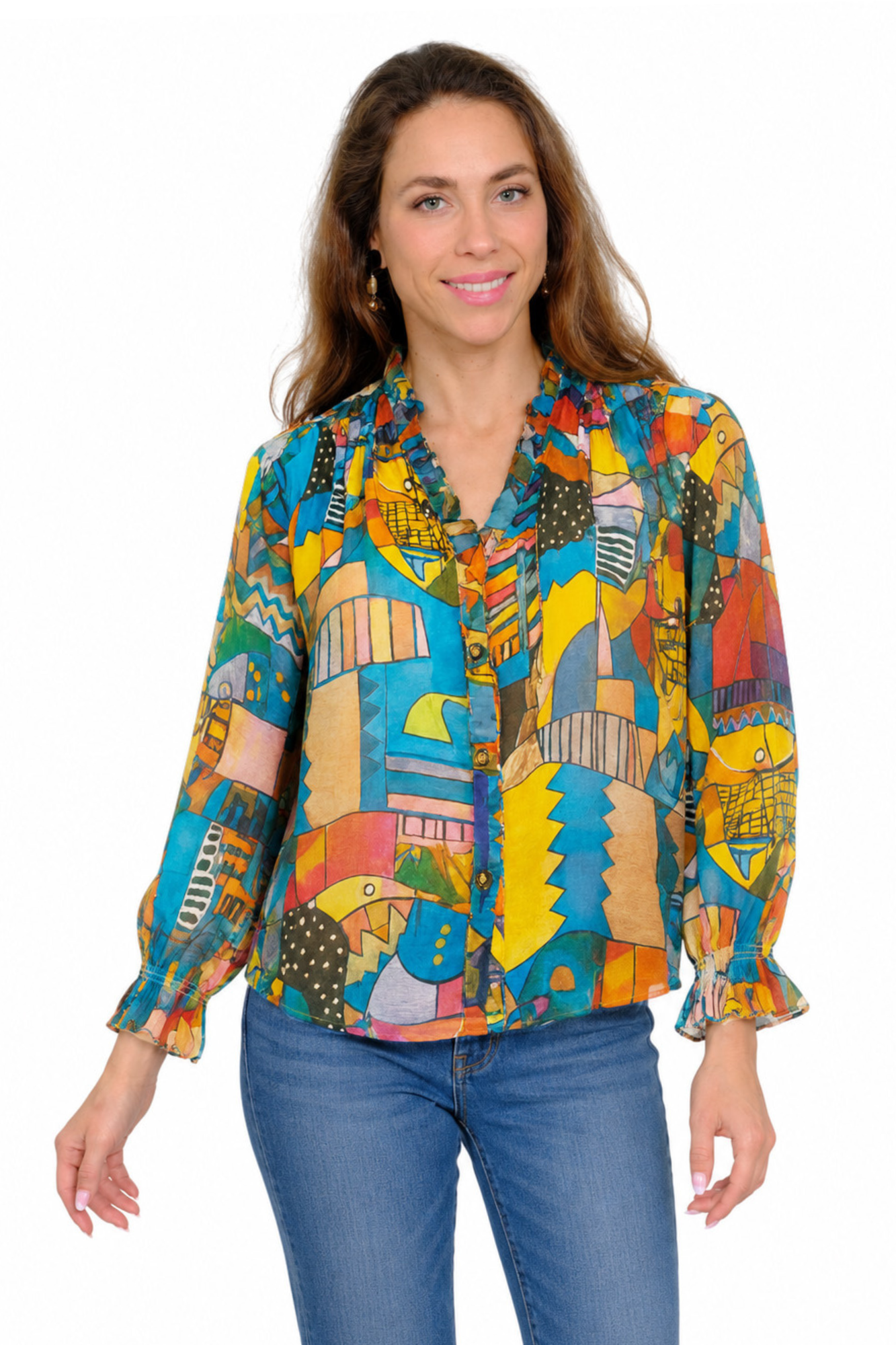 Lior Women's Ruffle Neck Long Sleeve Artful Print Sheer Blouse - "KOREEN"