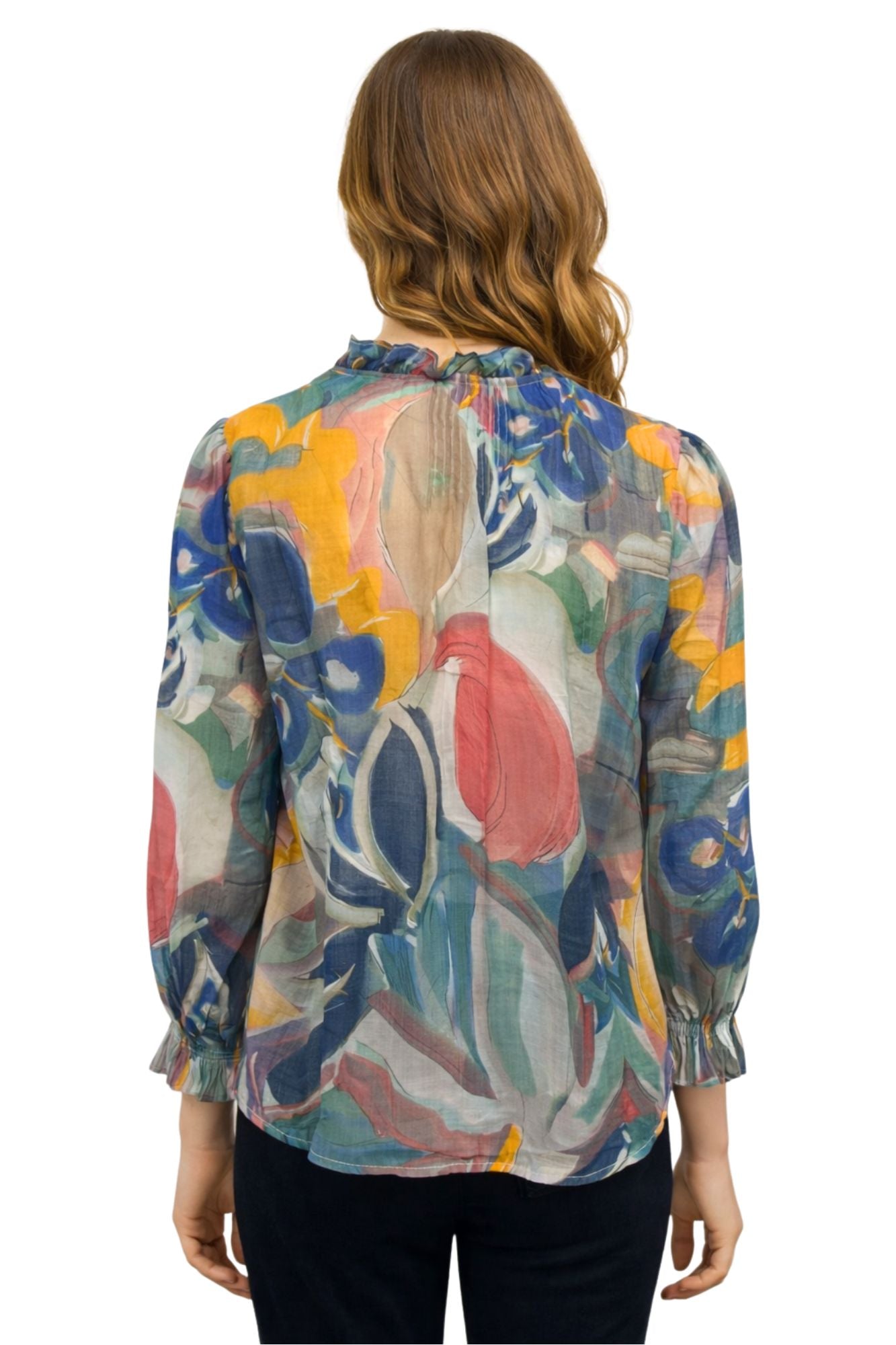 Lightweight chiffon blouse for women with abstract floral print and long sleeves
