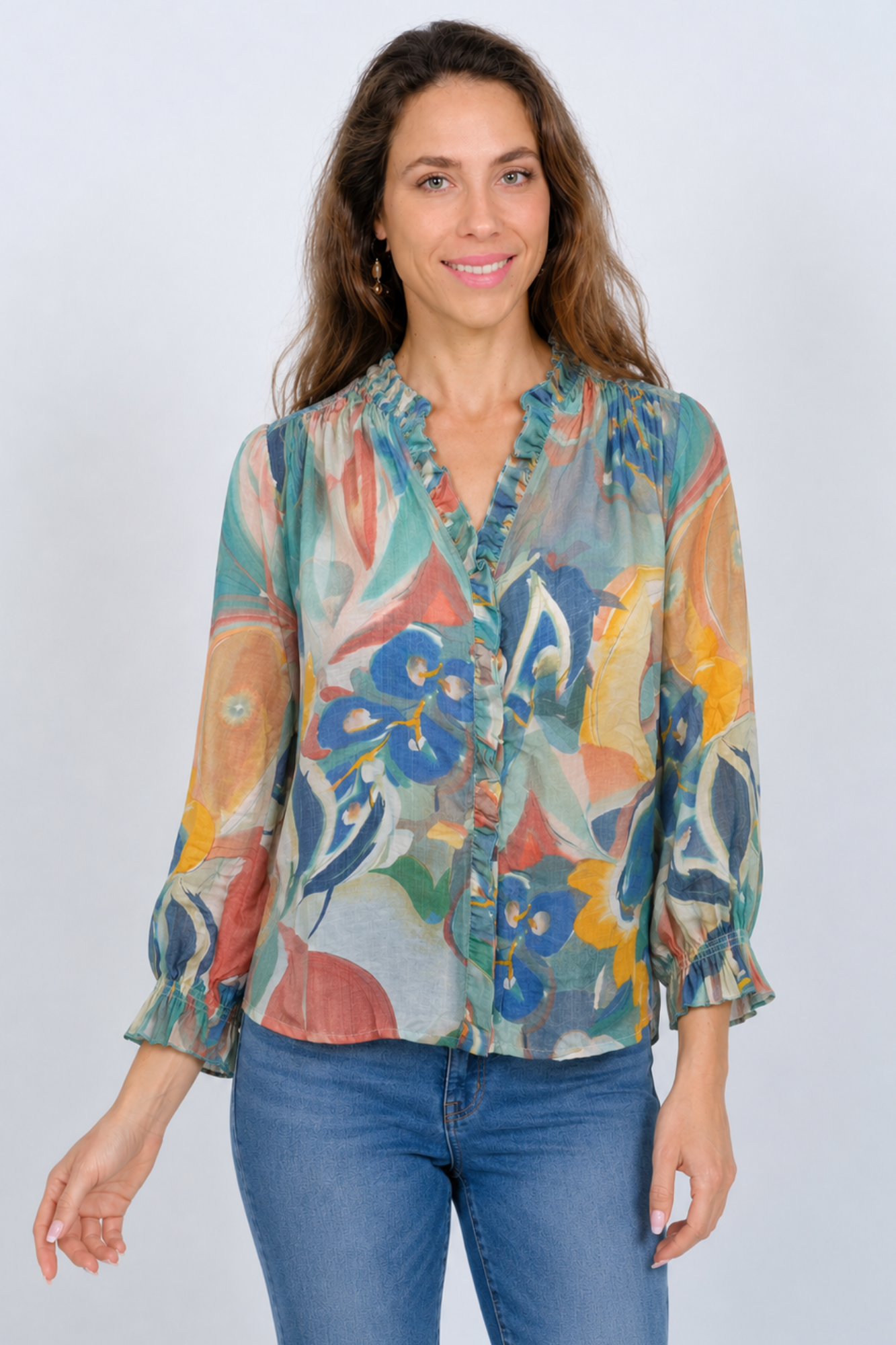 Lior Women's Sheer Floral Print Blouse With Long Ruffle Cuff Sleeves - "KOREEN"