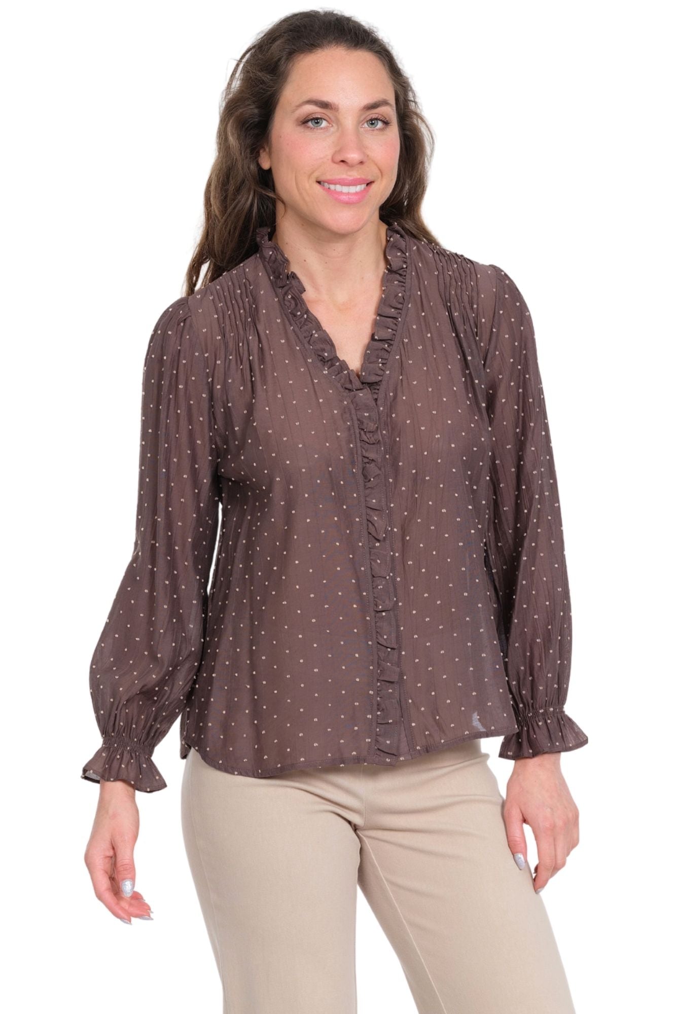 LIOR women's taupe polka dot blouse with ruffle neck and long sleeves