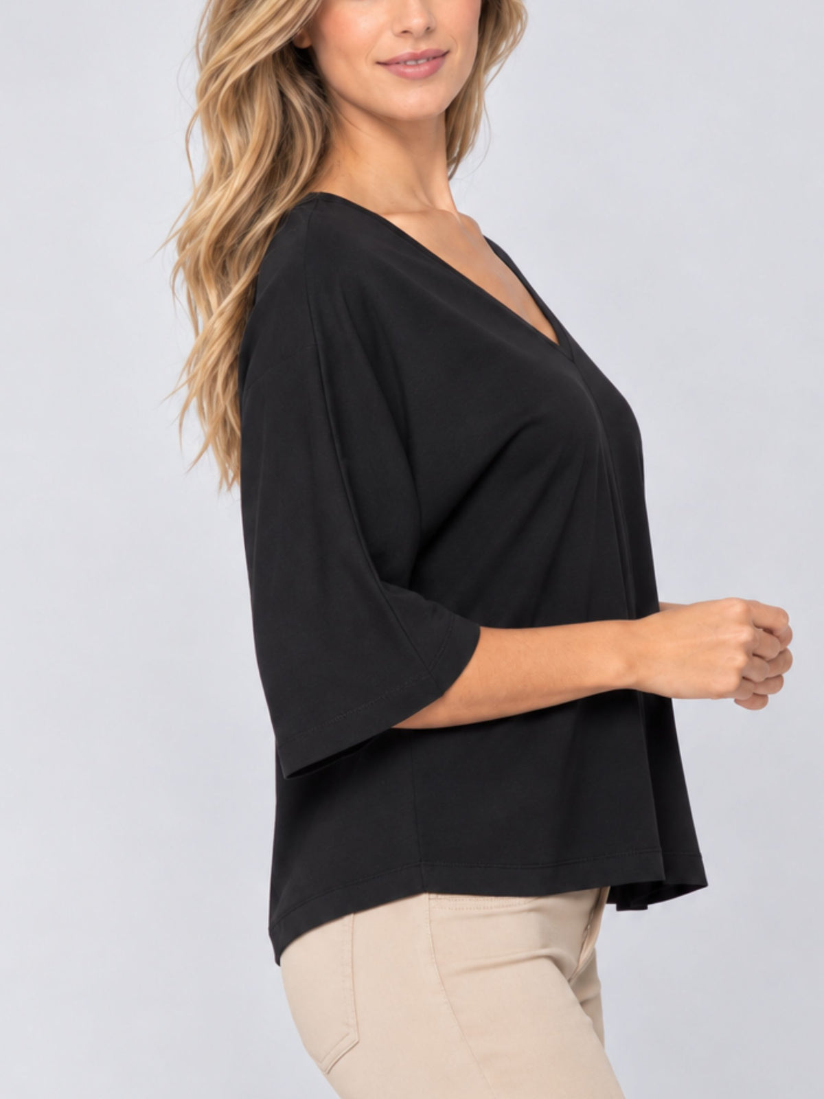 Women's Black 100% Cotton V -Neck 3/4 Bell Sleeve Top - Relaxed Fit