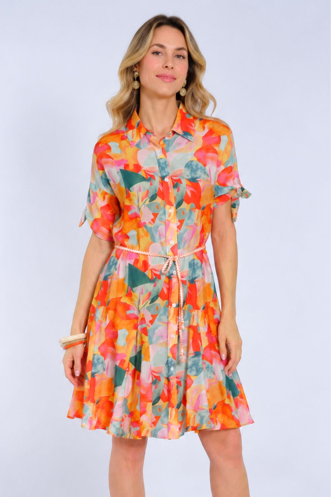 Lior Women's Tropical Floral Shirt Dress With Flounce Bottom & Waist Tie - "MAE"