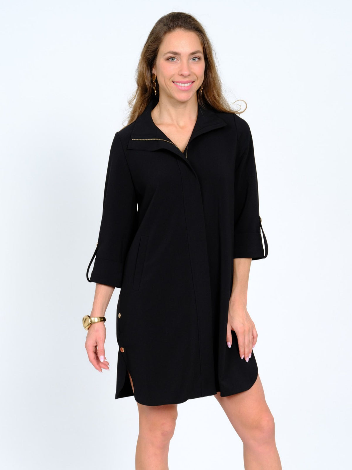 Women's Collared Soft Knit Black Zip Front Knee Length Dress - "Milo"